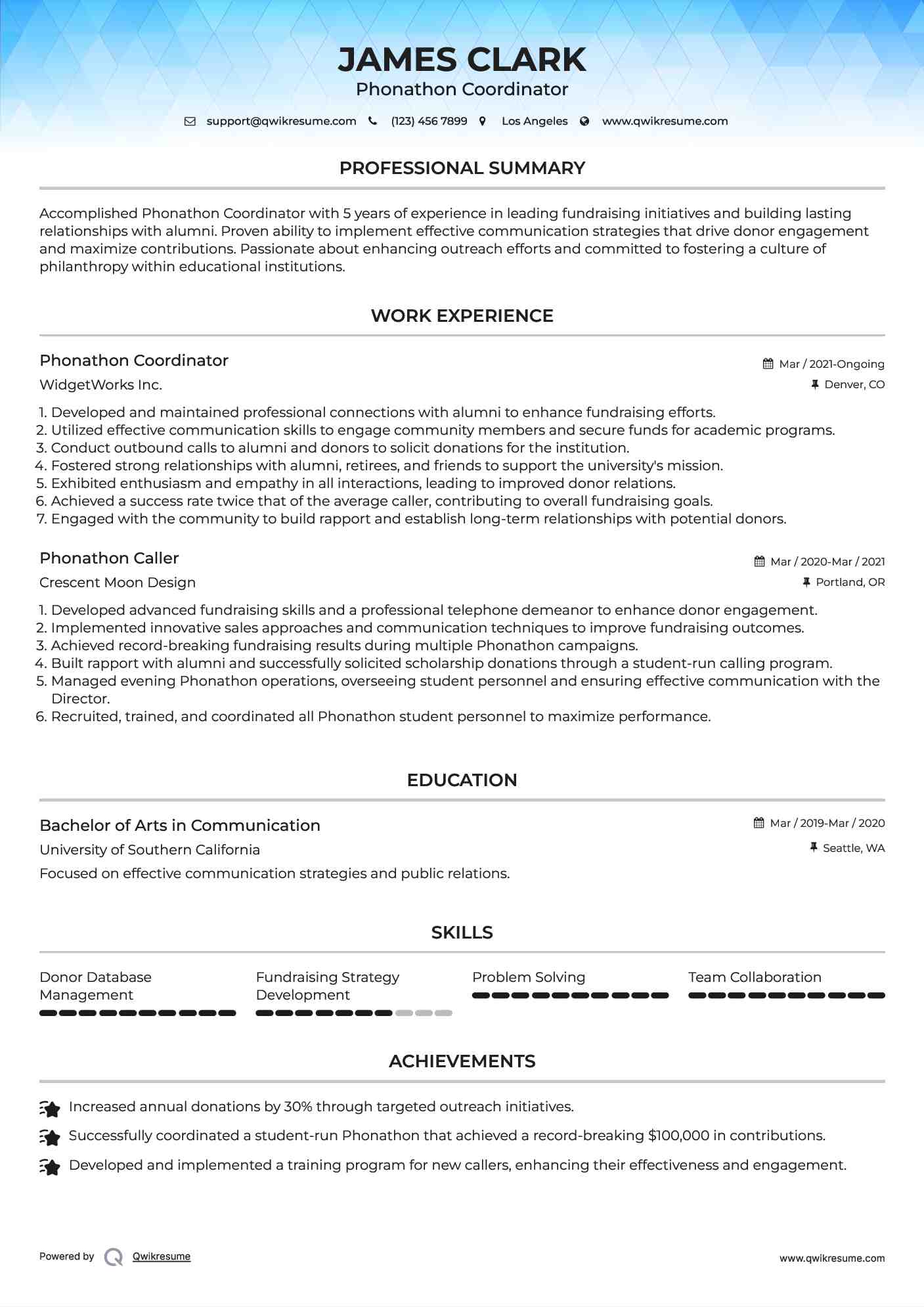 Phonathon Coordinator Resume Sample