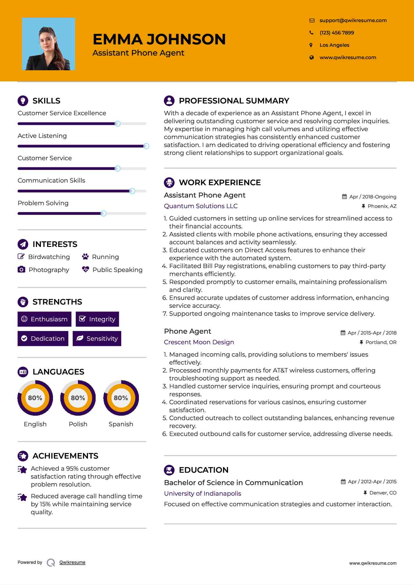 Assistant Phone Agent Resume Format