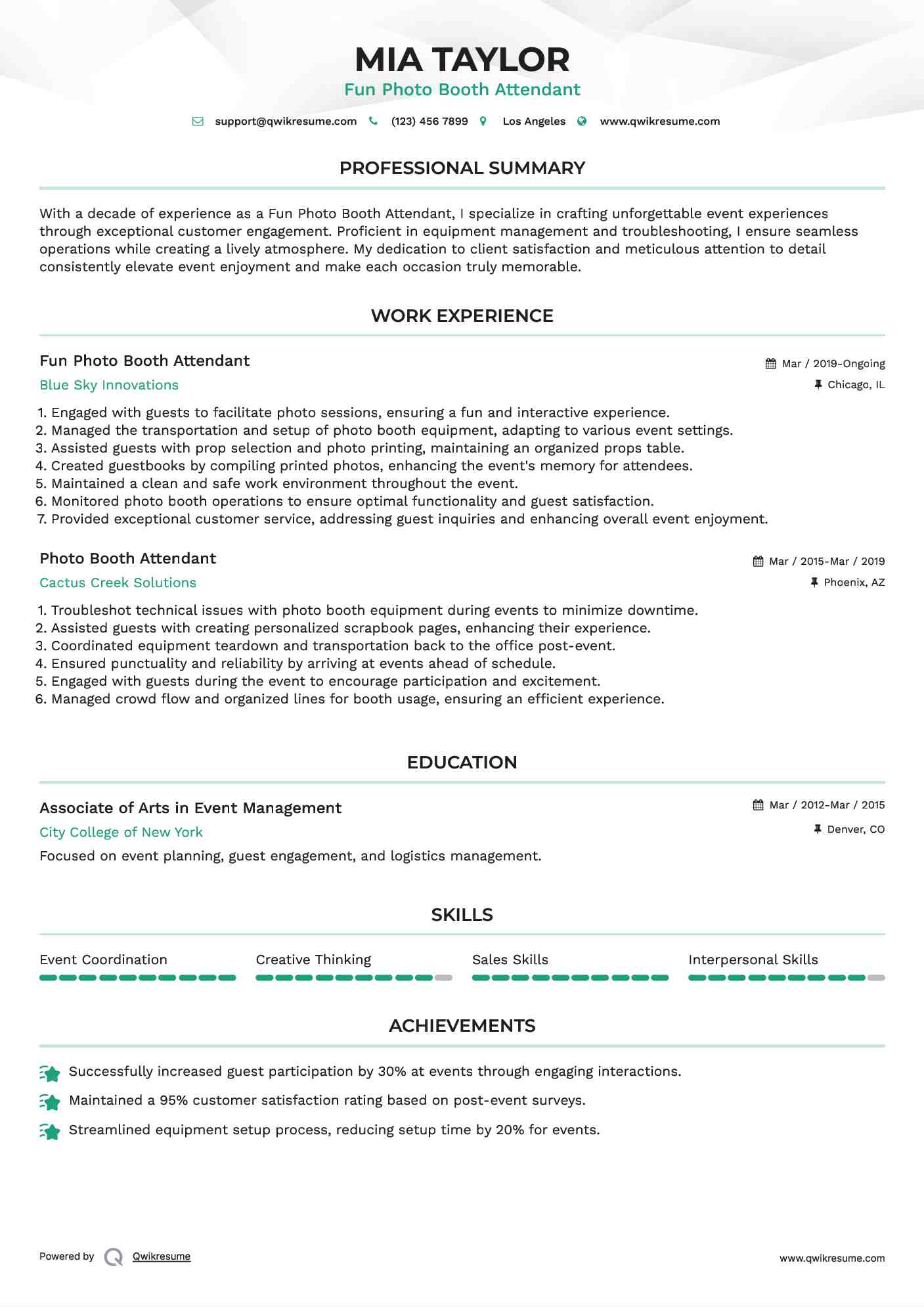 Fun Photo Booth Attendant Resume Sample