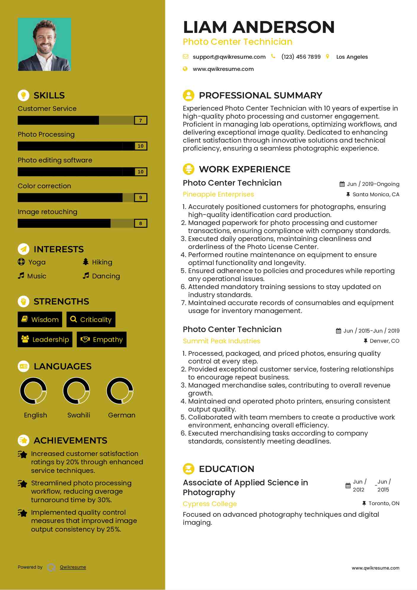 Photo Center Technician Resume Model