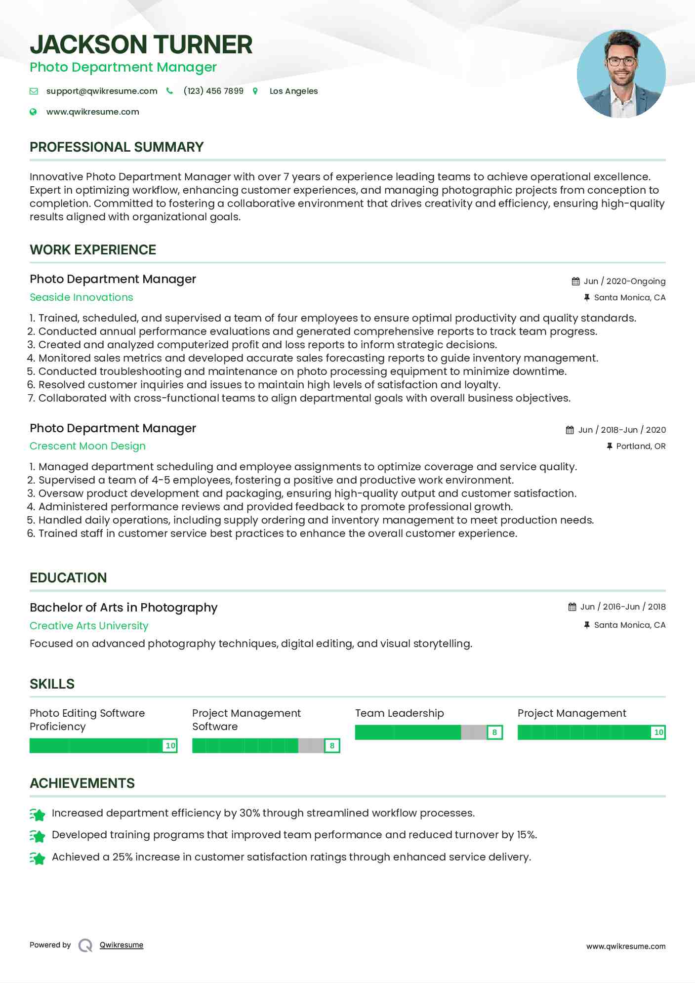 Photo Department Manager Resume Sample