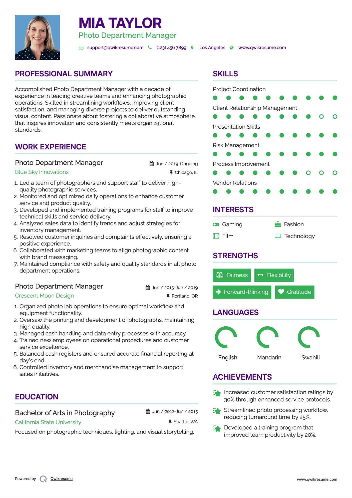 Photo Department Manager Resume Example