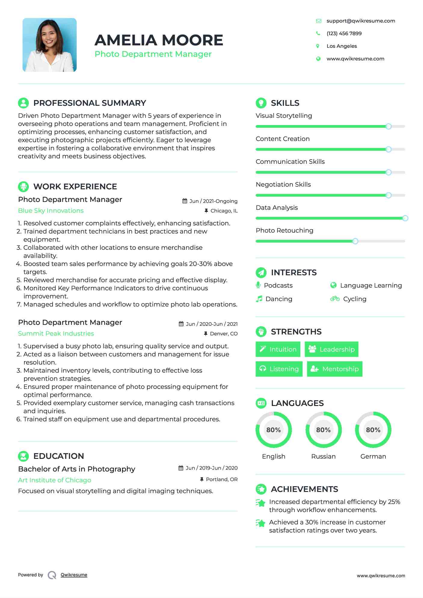 Photo Department Manager Resume Format