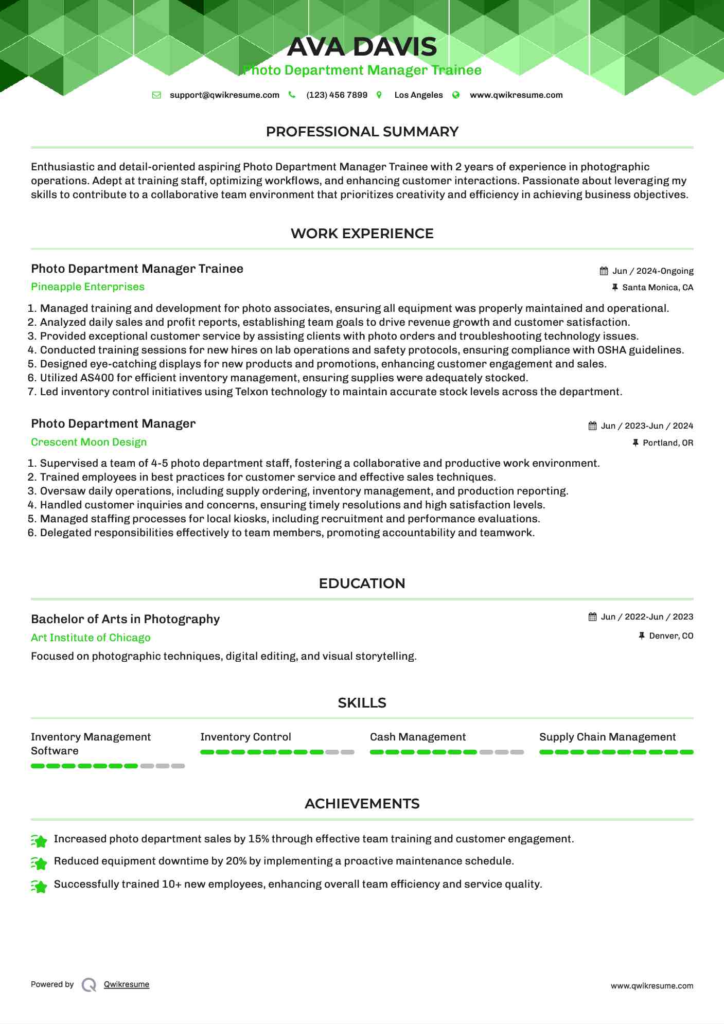 Photo Department Manager Trainee Resume Format