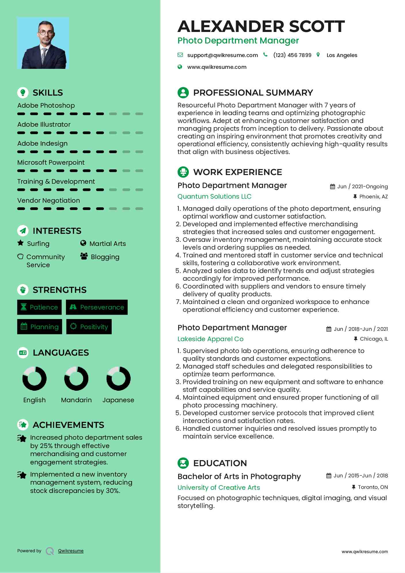 Photo Department Manager Resume Template