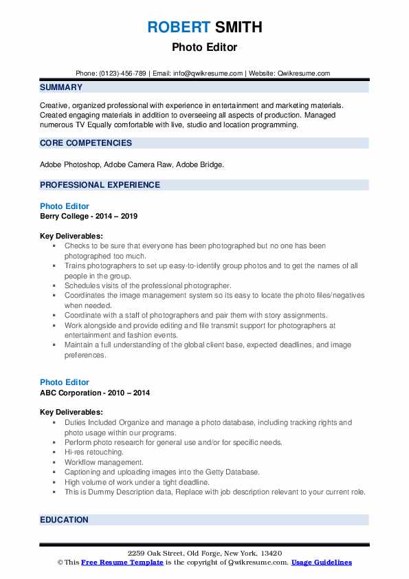 Photo Editor Resume Samples QwikResume