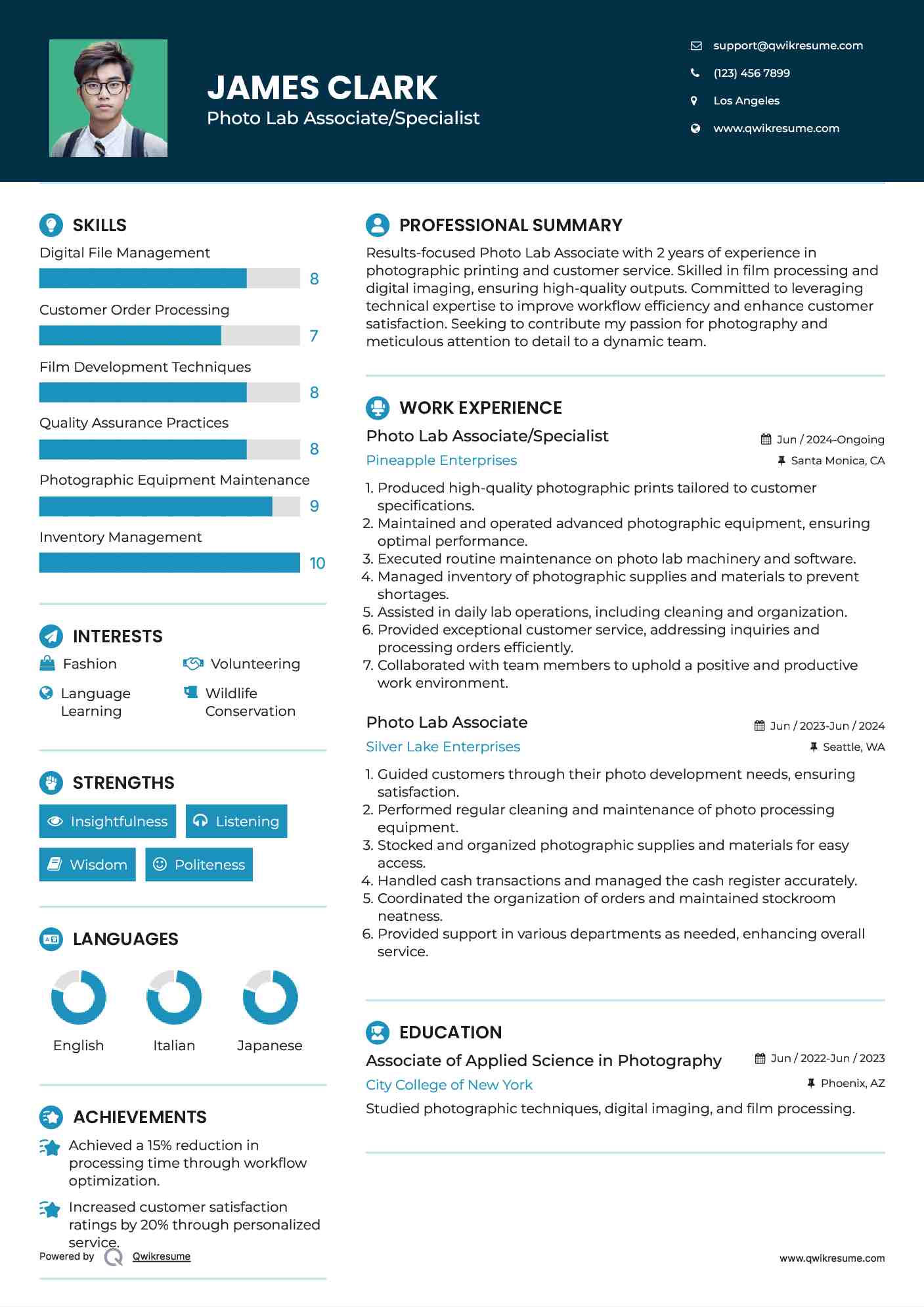 Photo Lab Associate/Specialist Resume Template