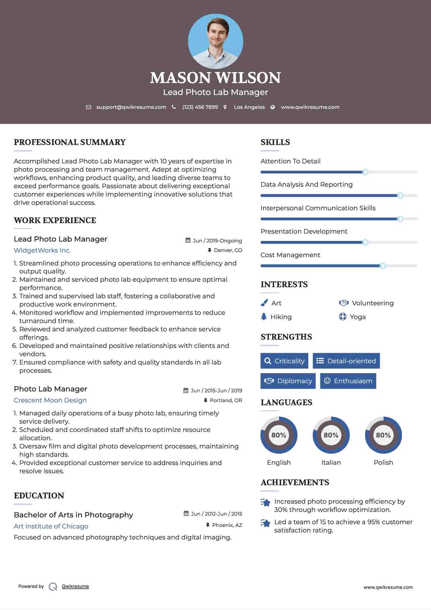 Lead Photo Lab Manager Resume Sample