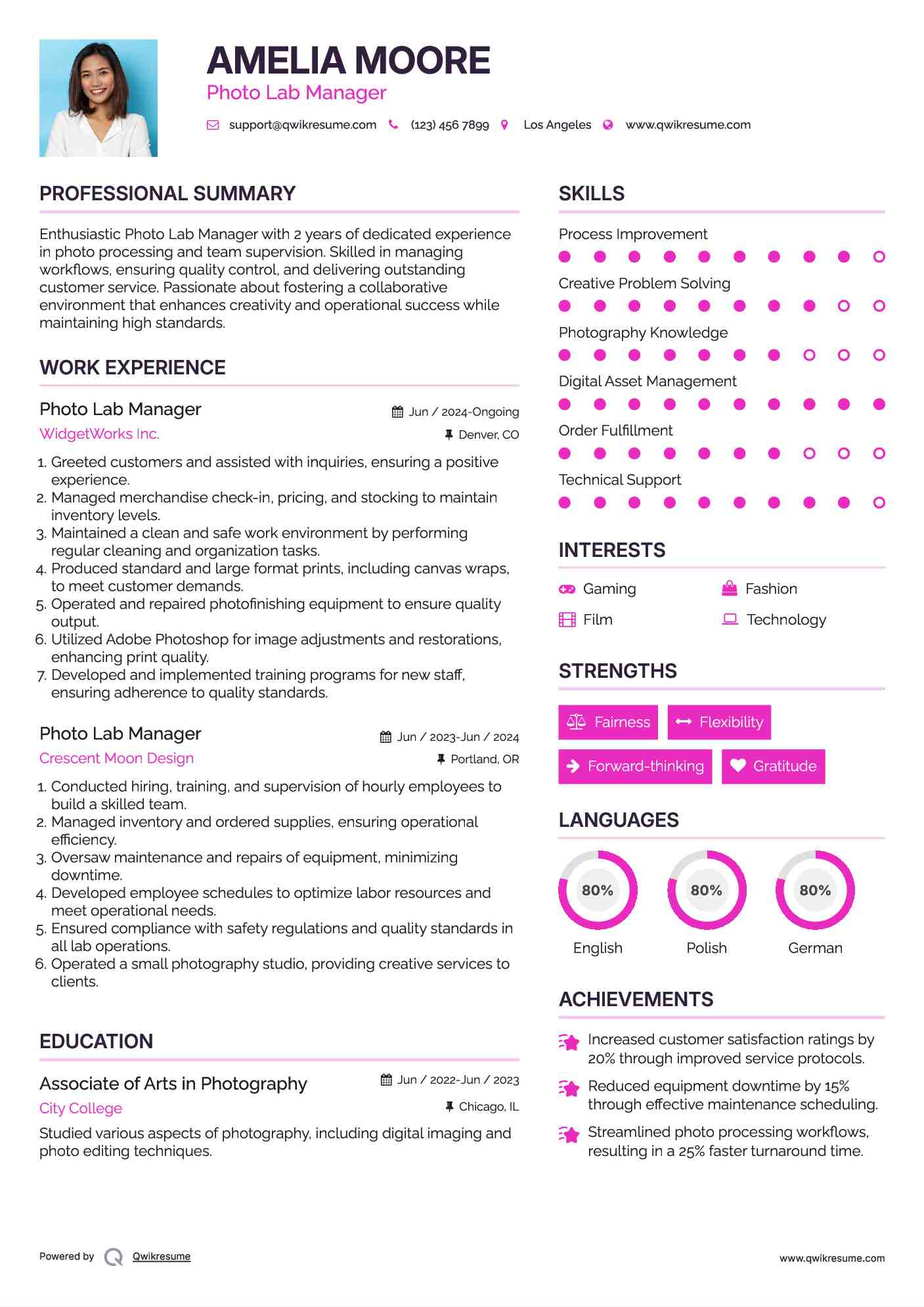 Photo Lab Manager Resume Format