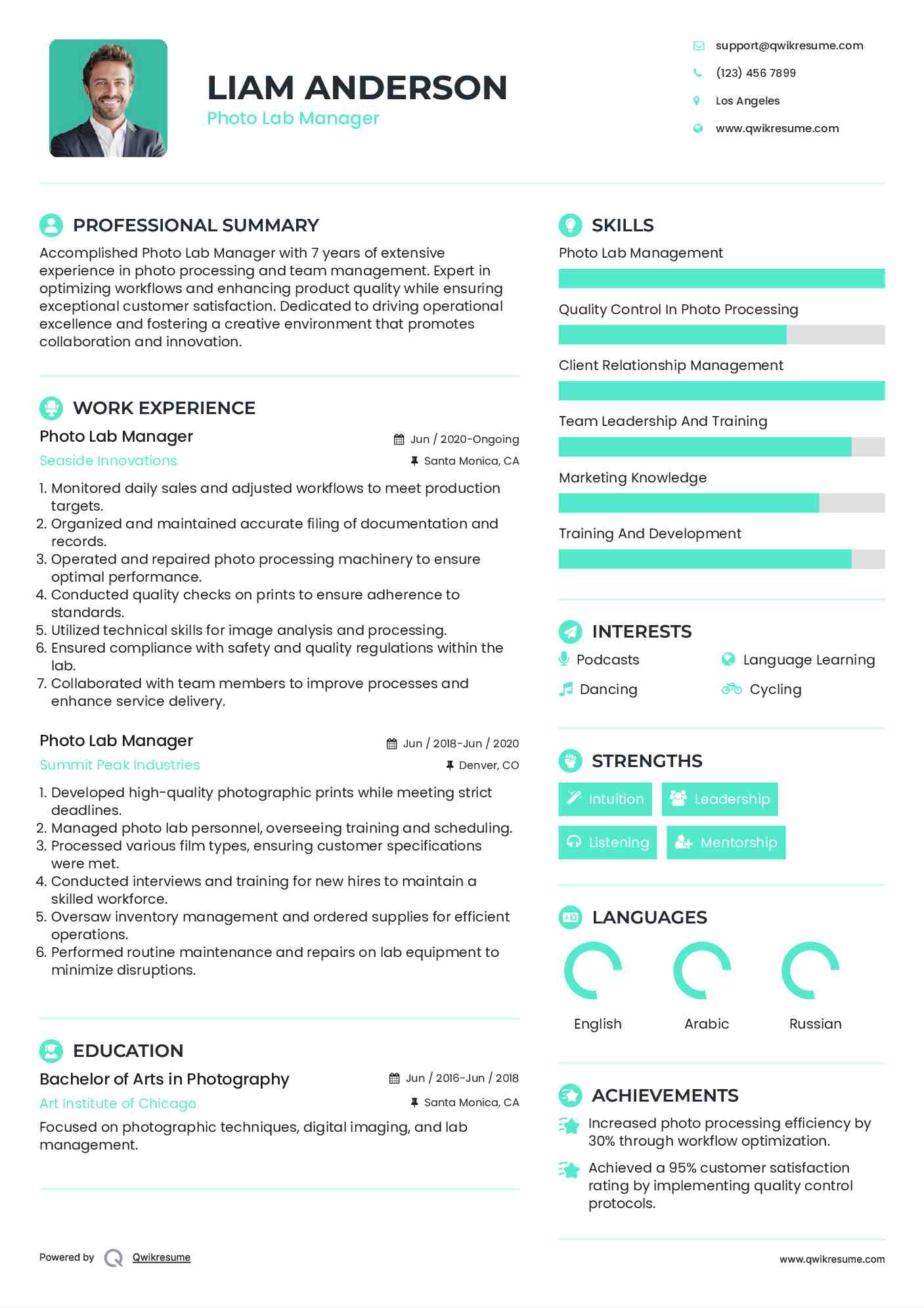 Photo Lab Manager Resume Format