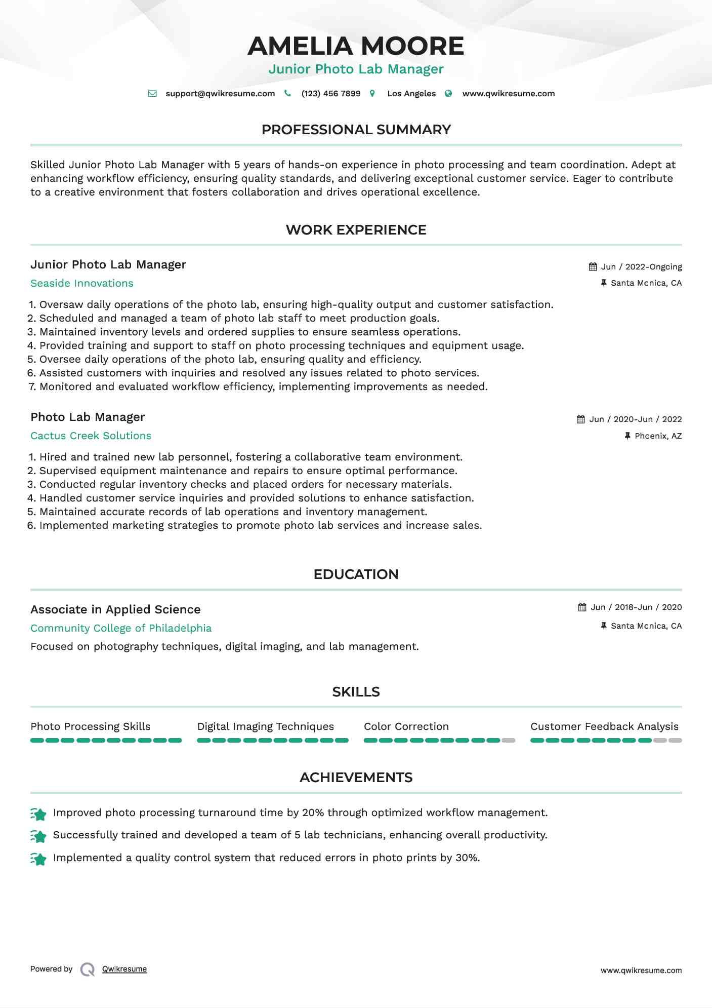 Junior Photo Lab Manager Resume Sample