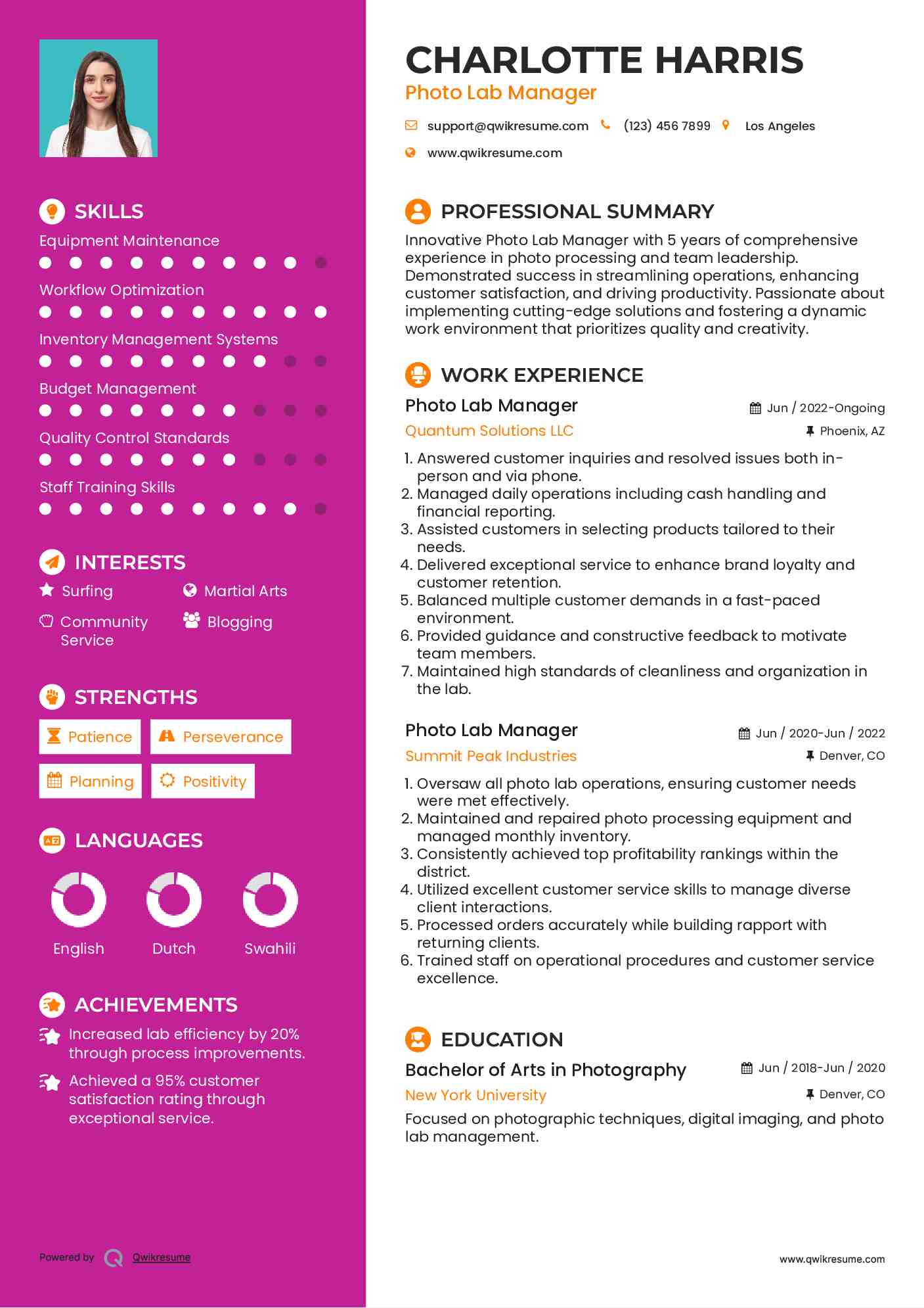 Photo Lab Manager Resume Example