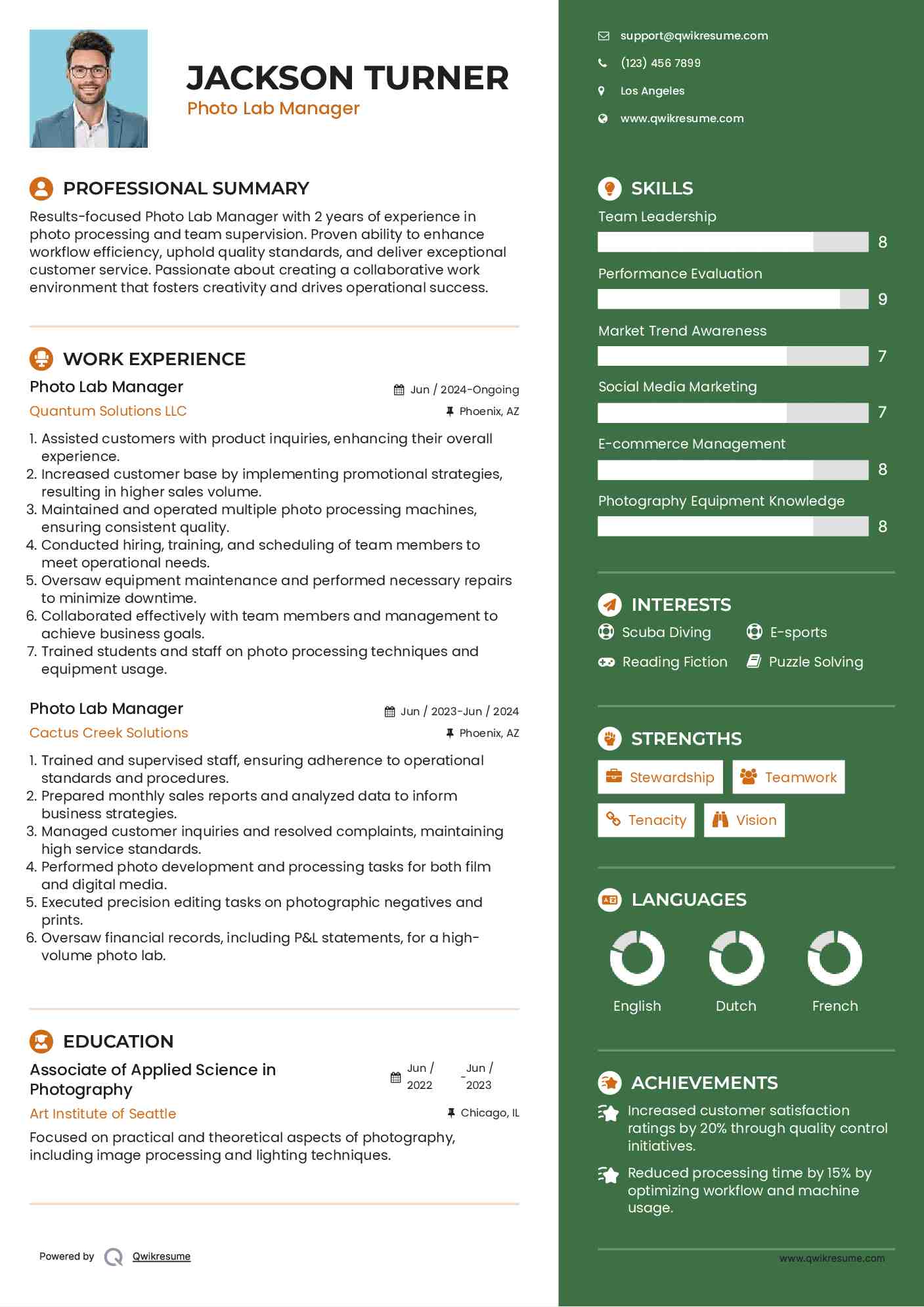 Photo Lab Manager Resume Format