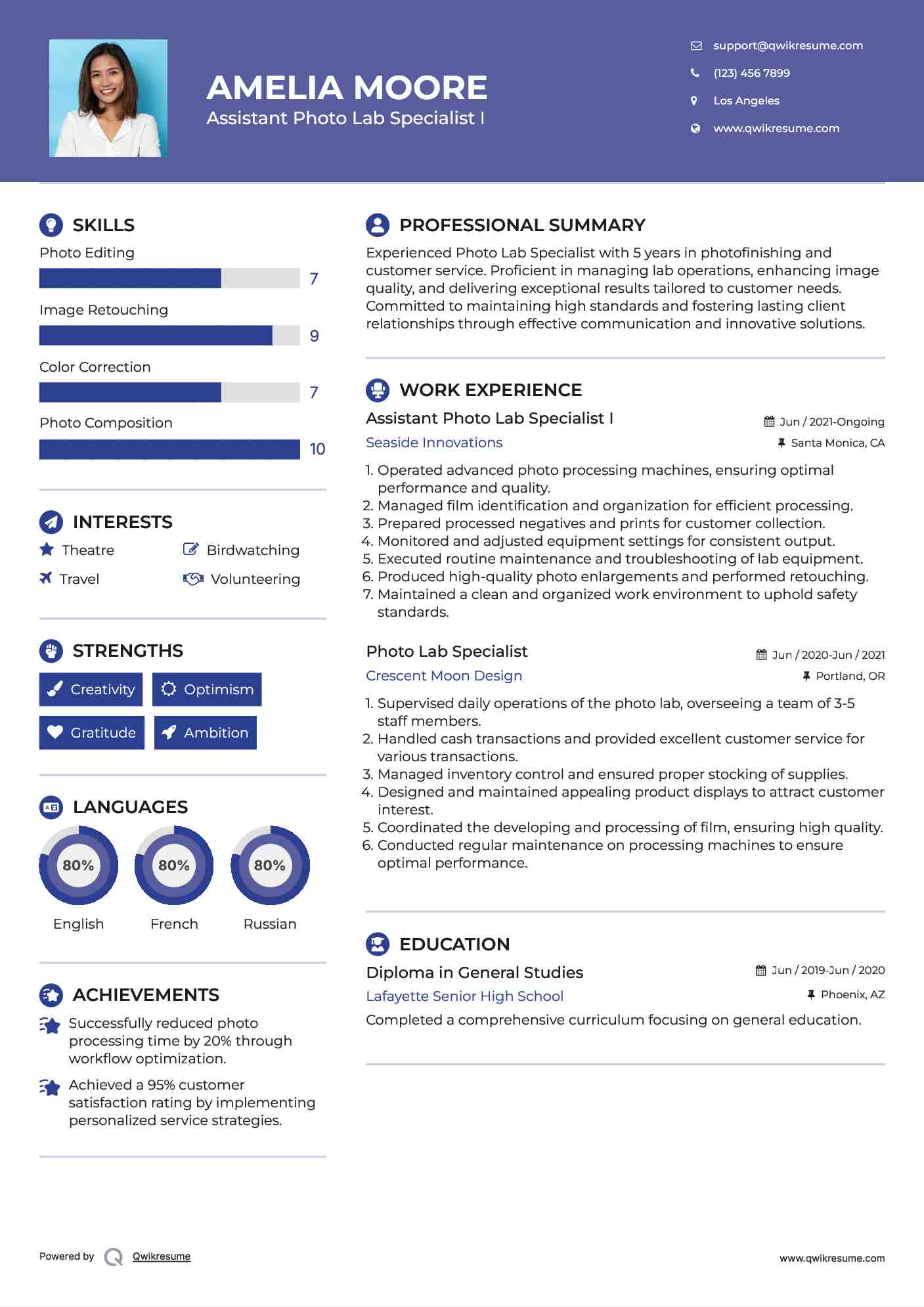 Assistant Photo Lab Specialist I Resume Model