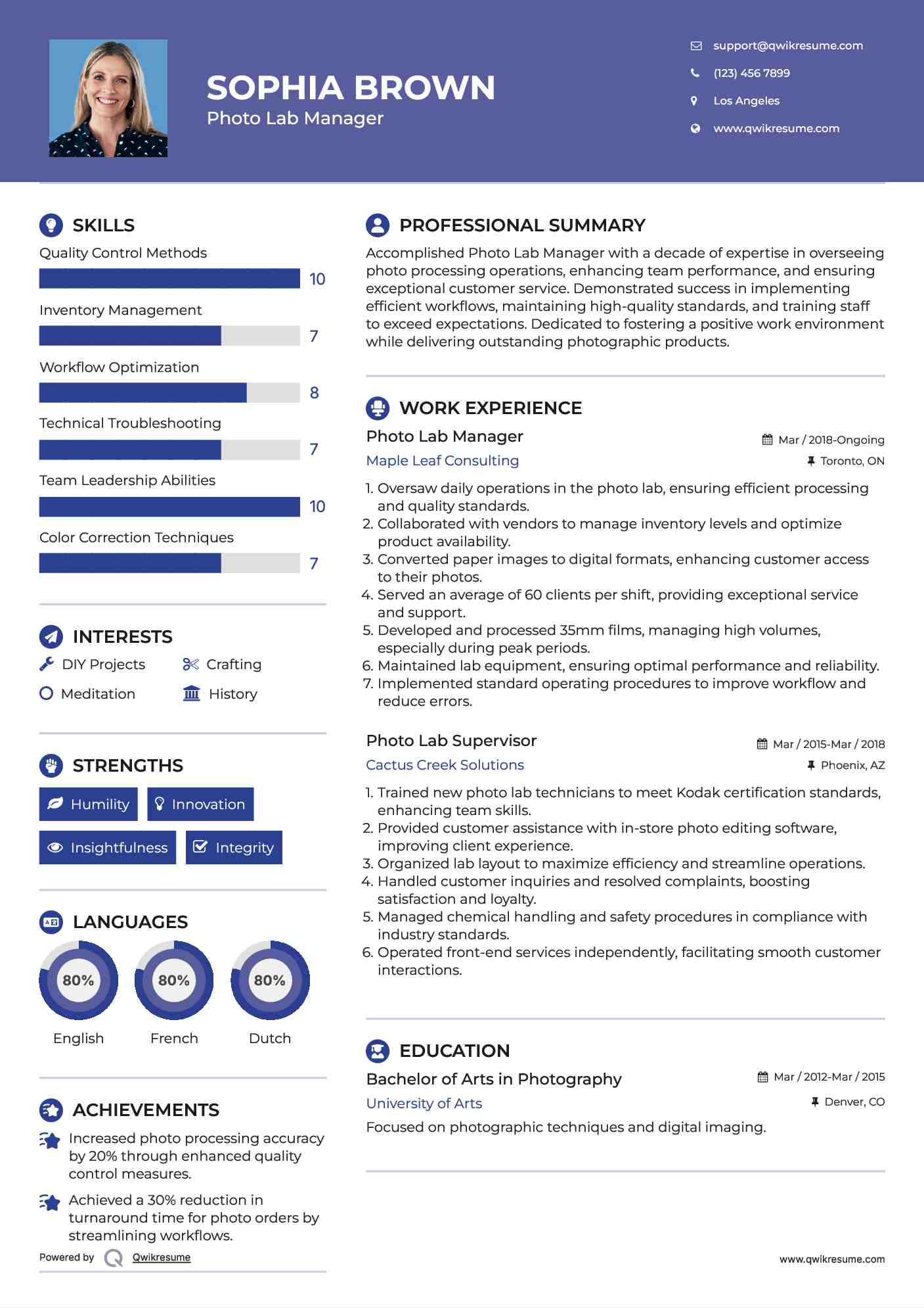 Photo Lab Manager Resume Model