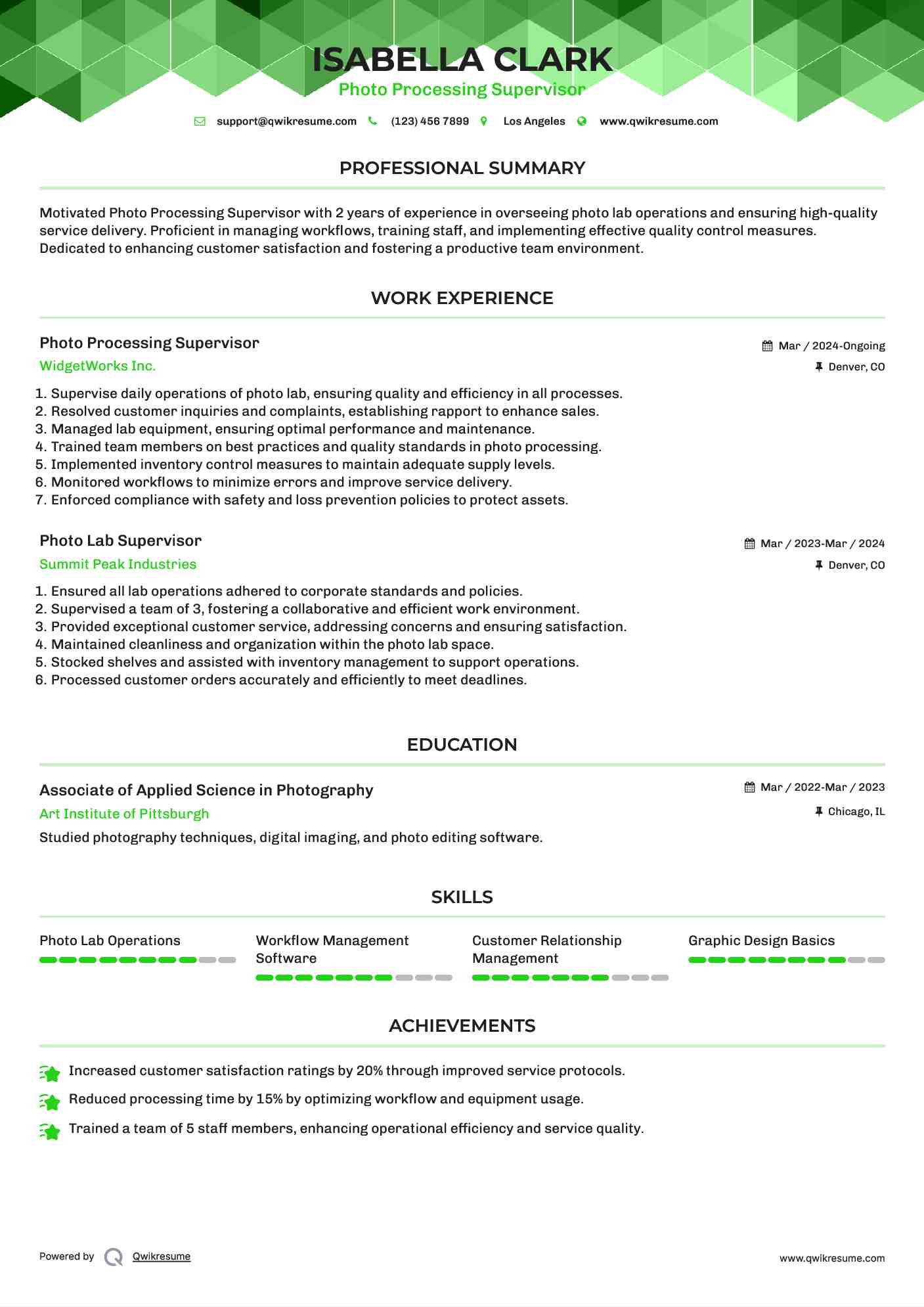Photo Processing Supervisor Resume Template