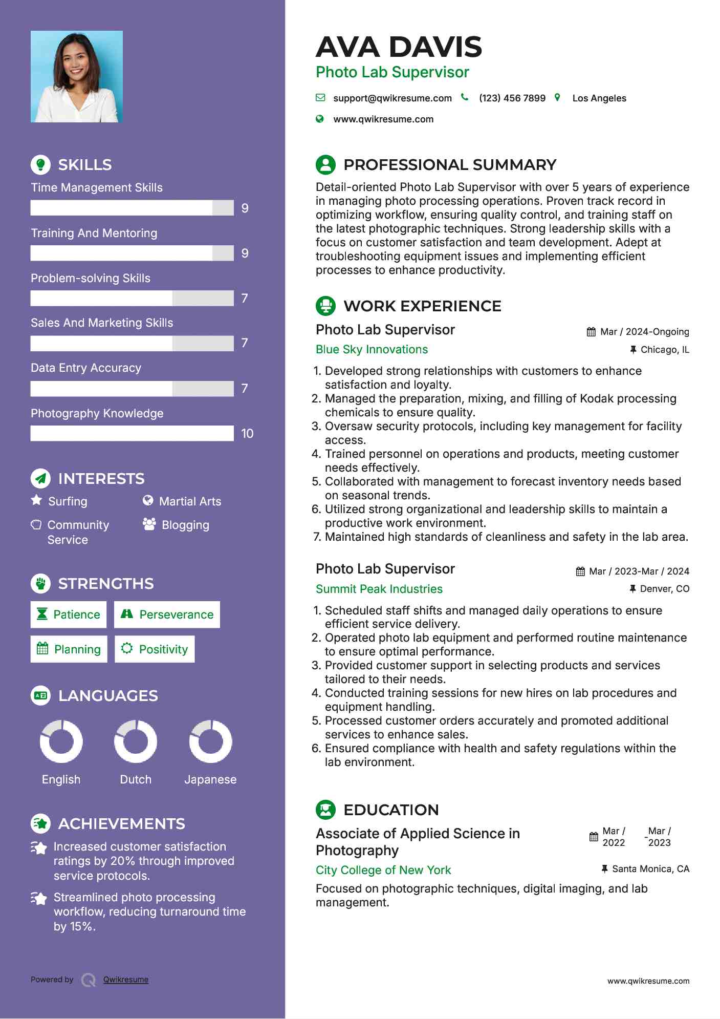 Photo Lab Supervisor Resume Template