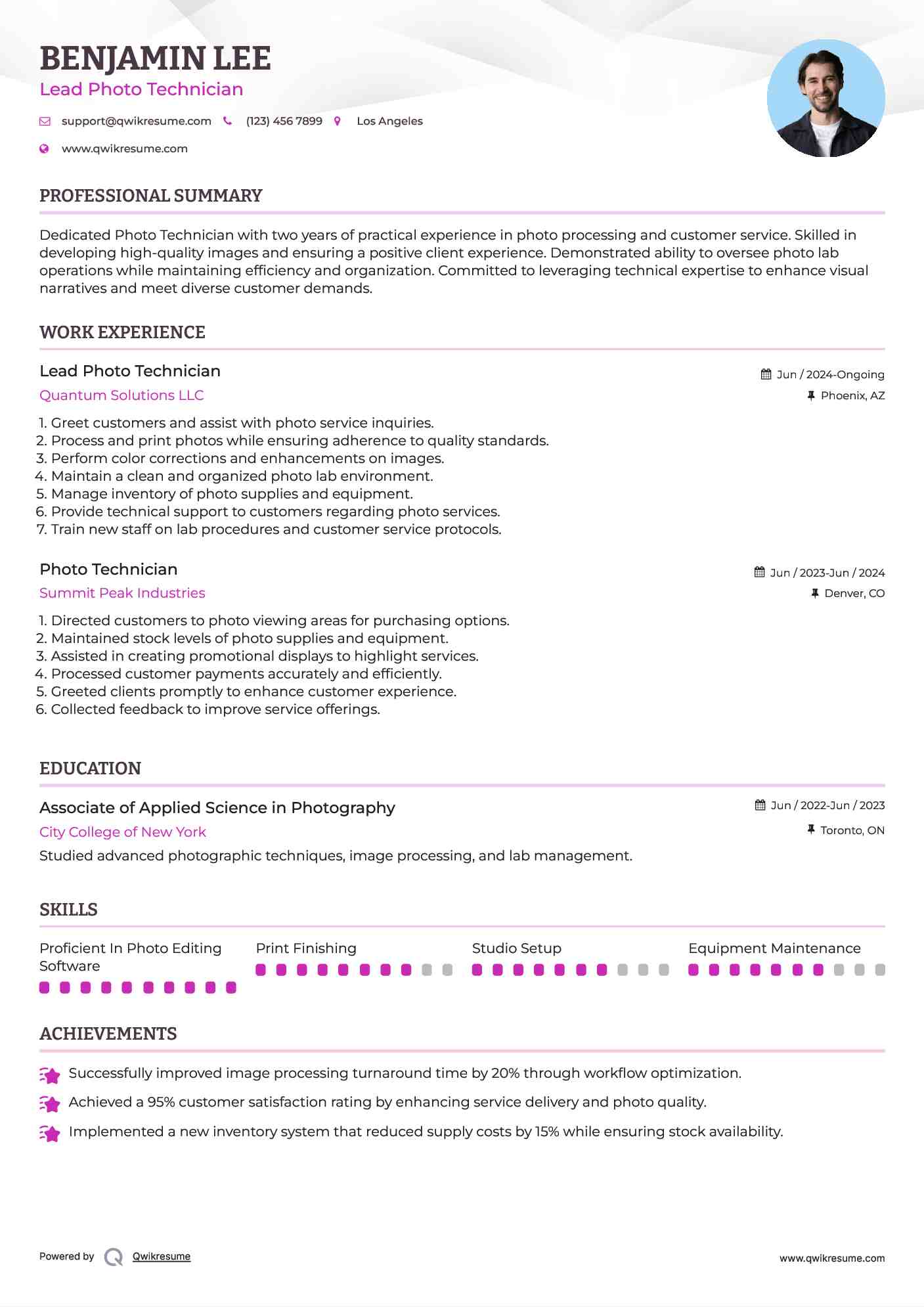 Lead Photo Technician
 Resume Model