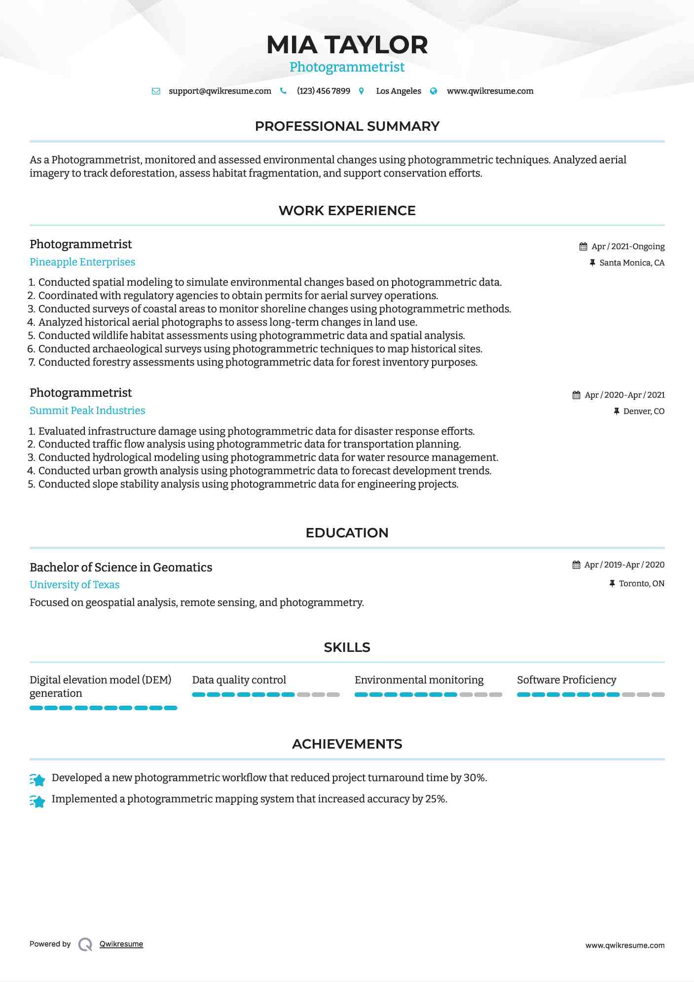 Photogrammetrist Resume Sample