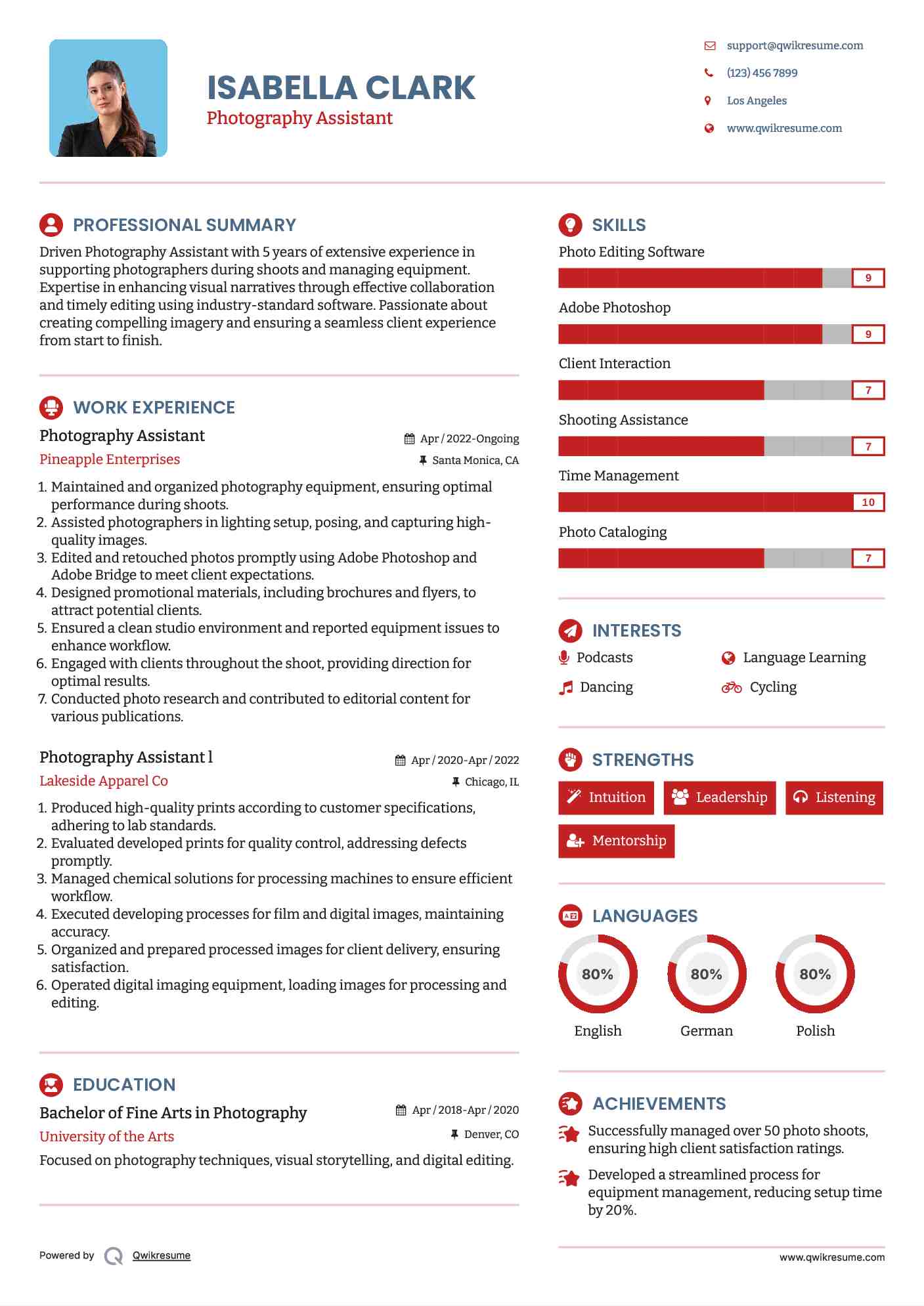 Photography Assistant Resume Example