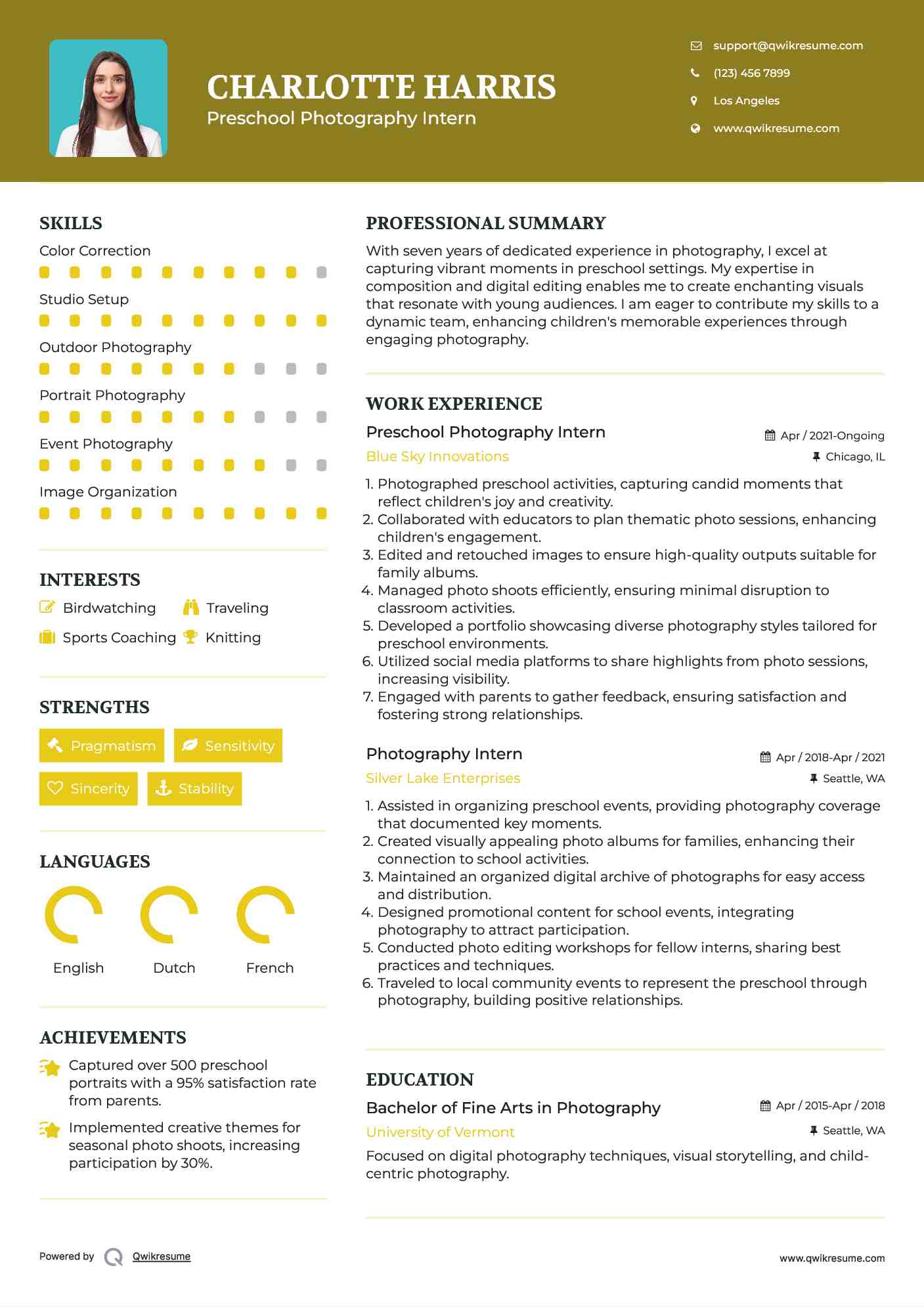 Preschool Photography Intern Resume Template