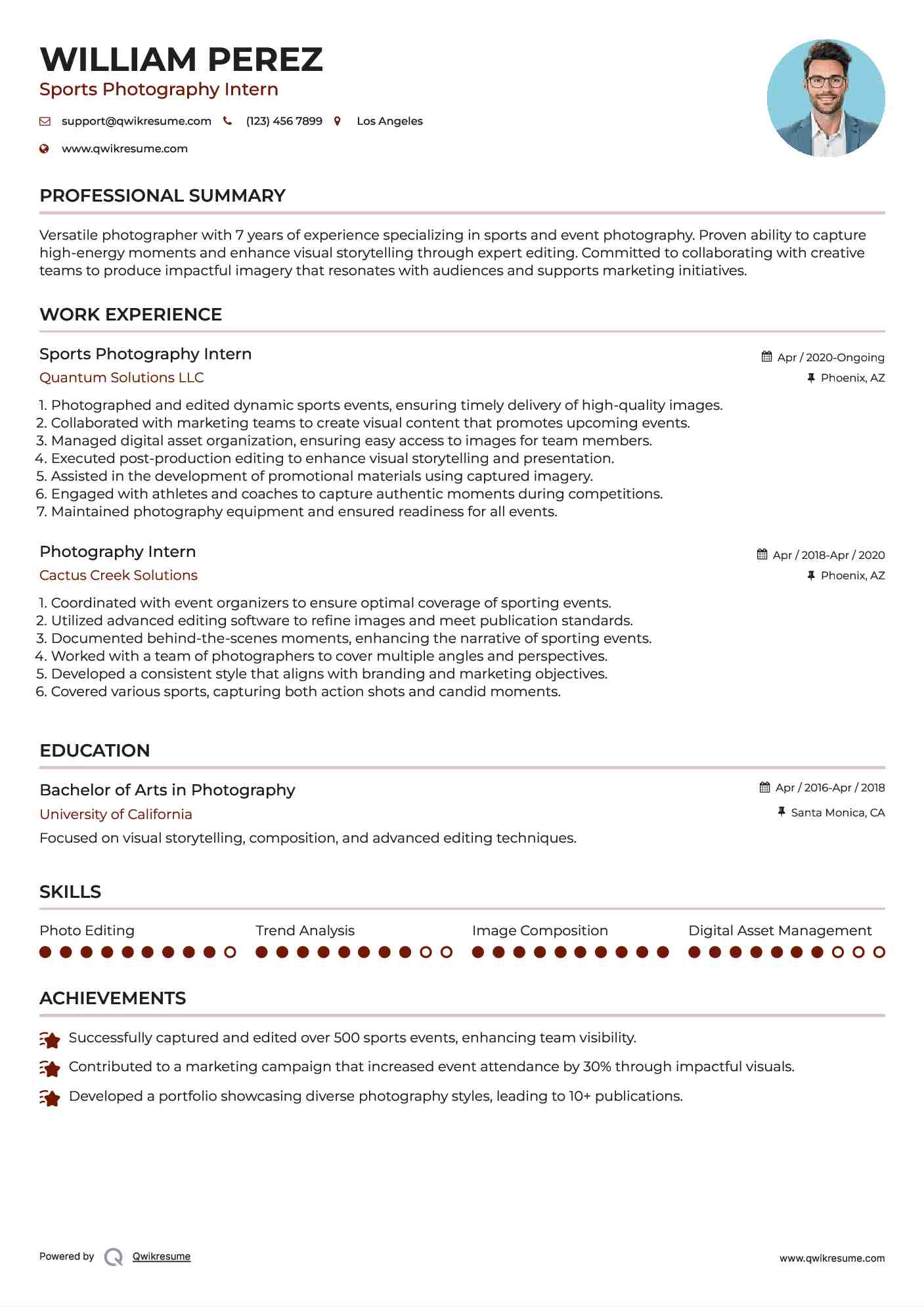 Sports Photography Intern Resume Format