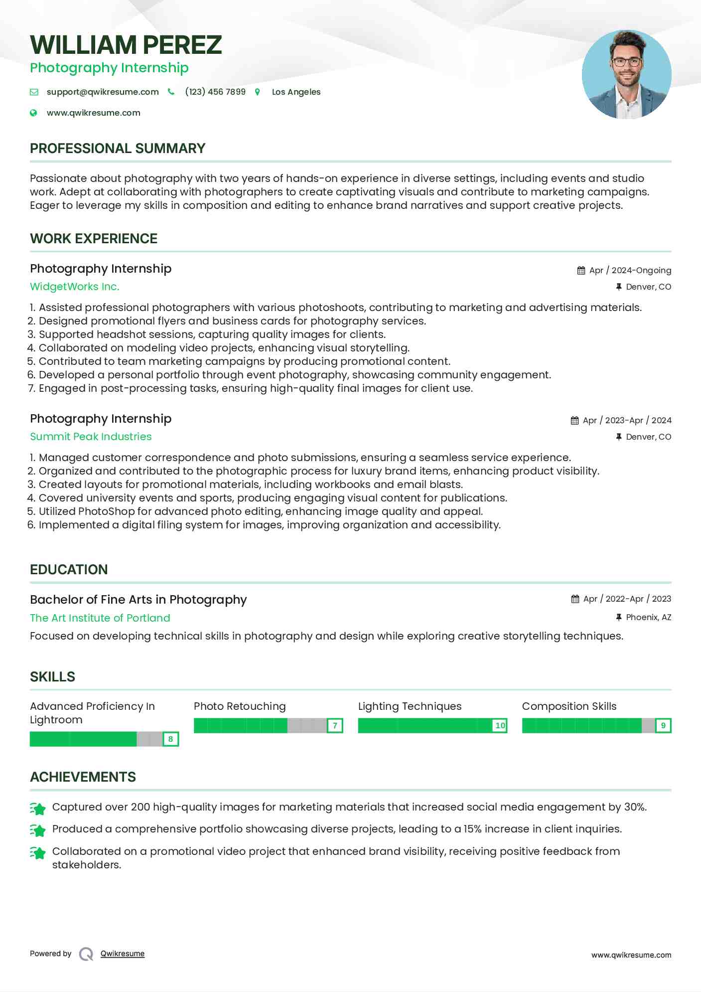 Photography Internship Resume Model