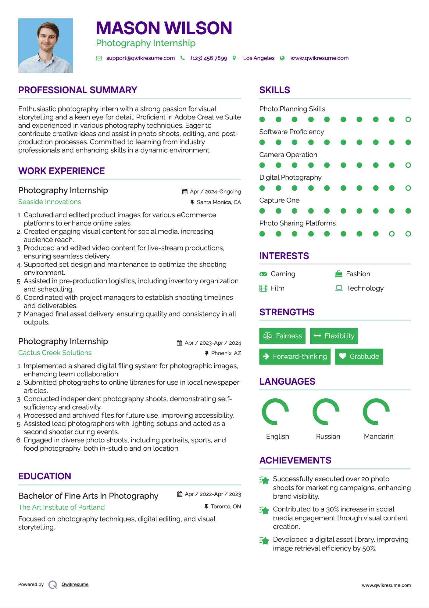 Photography Internship Resume Example