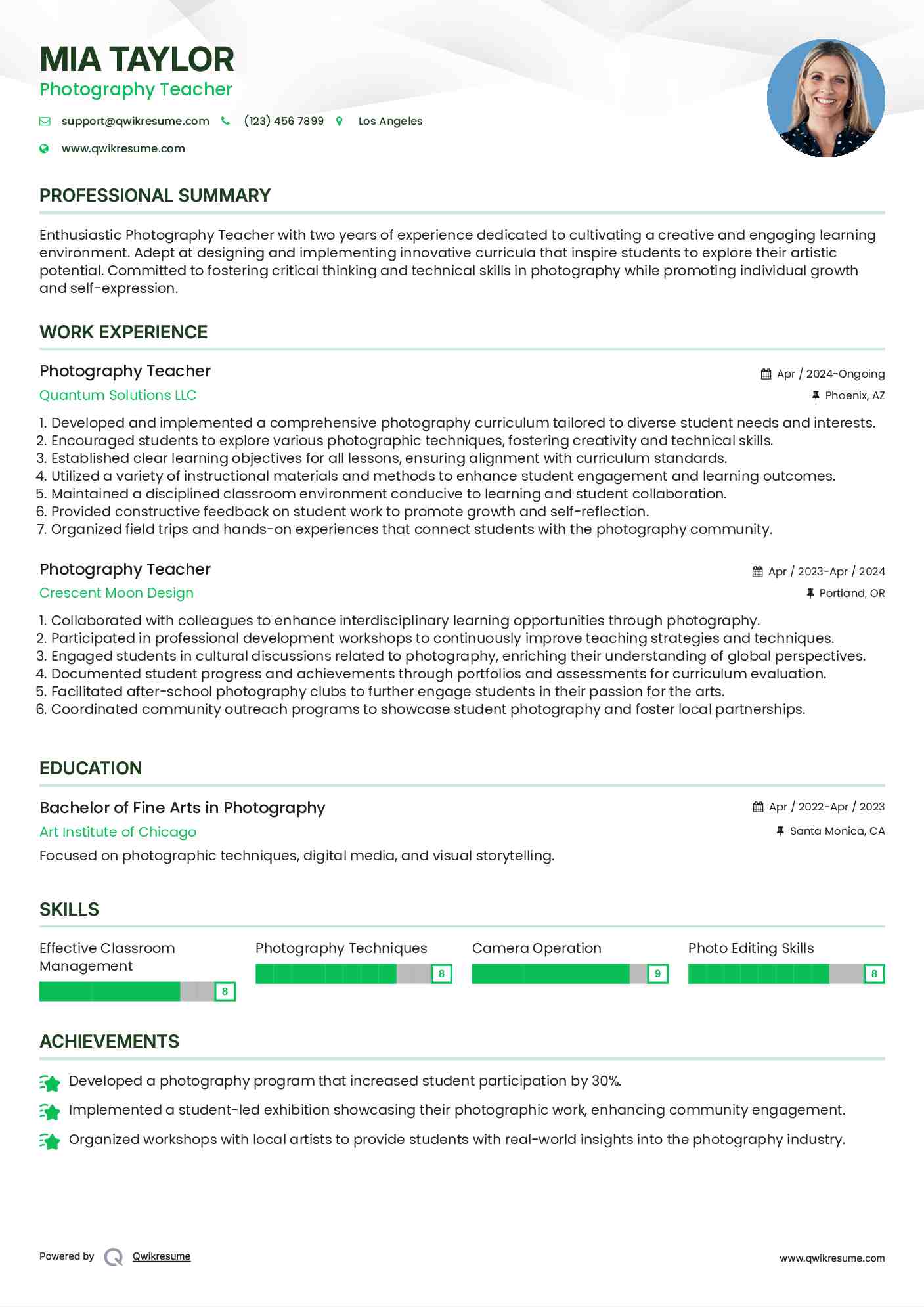 Photography Teacher Resume Model