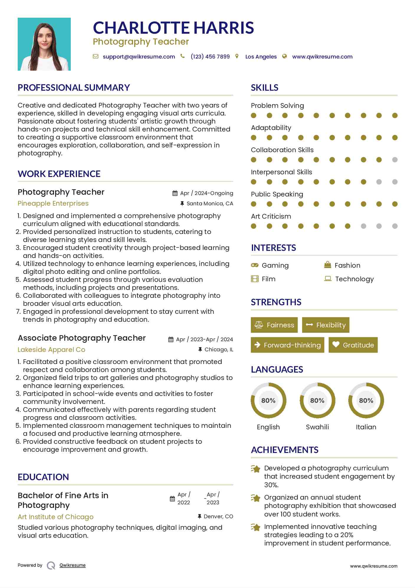 Photography Teacher Resume Template