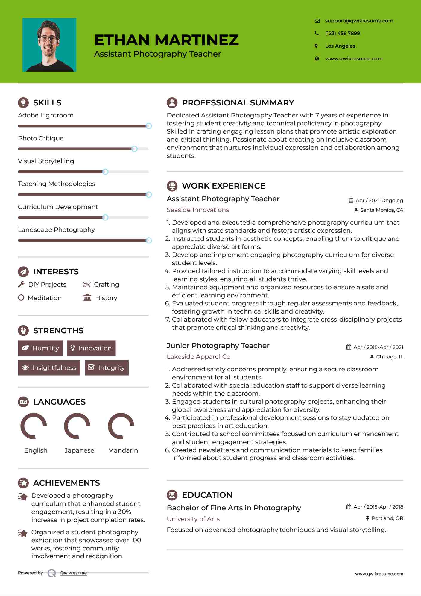 Assistant Photography Teacher Resume Format