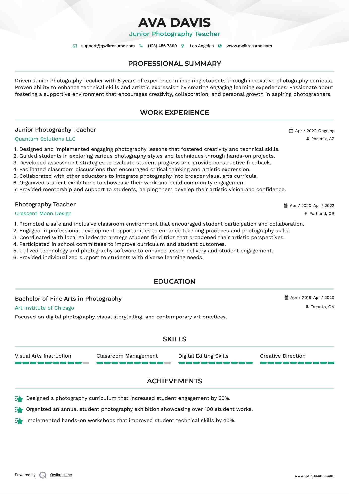 Junior Photography Teacher Resume Model