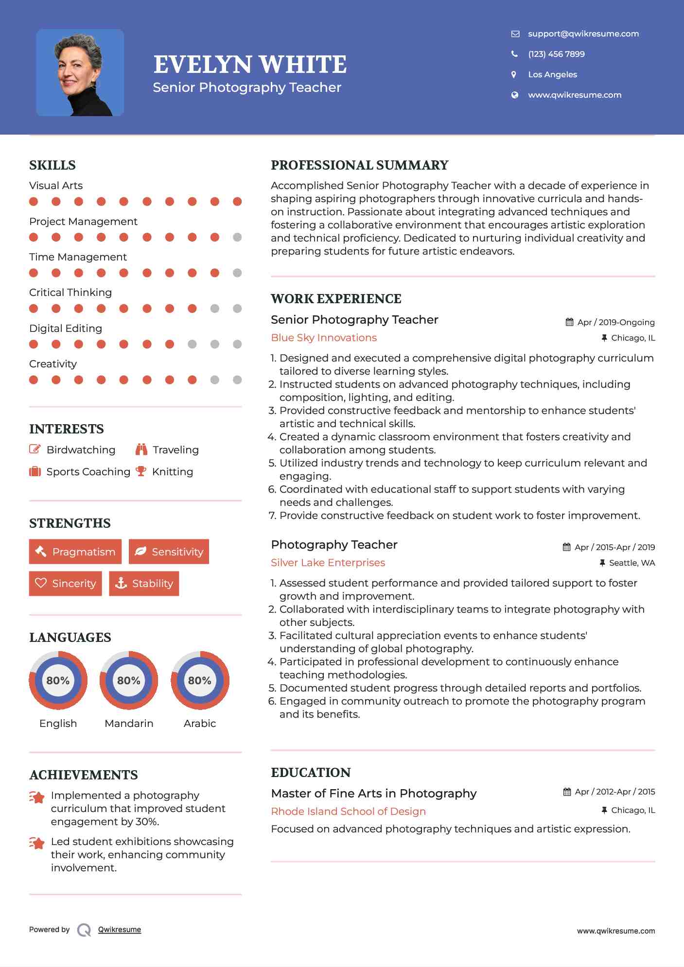 Senior Photography Teacher Resume Sample