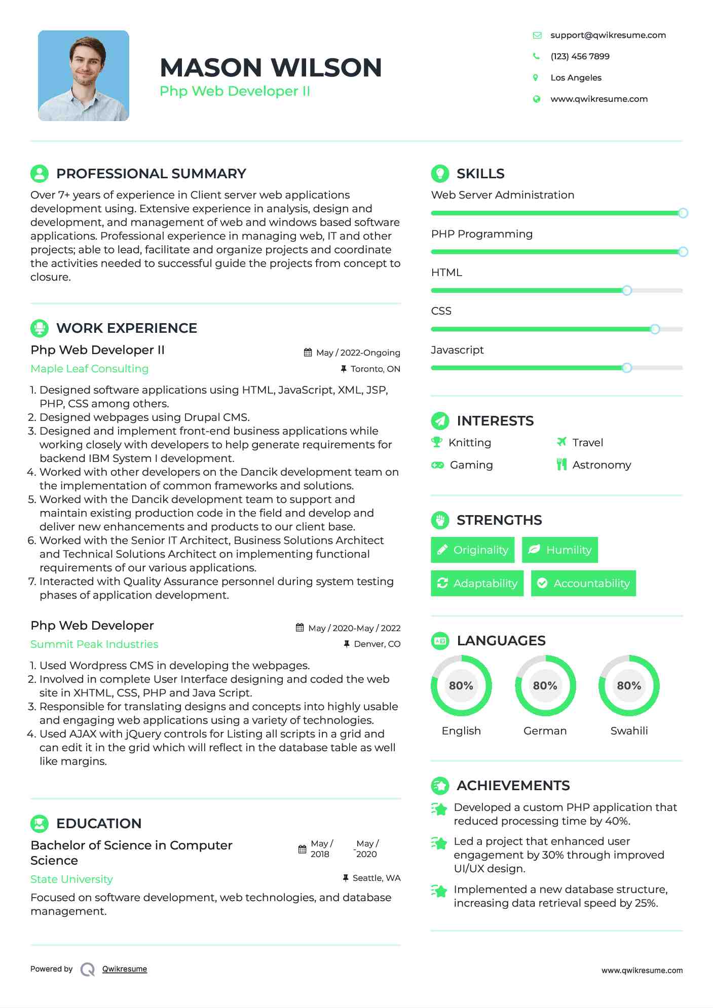 Php Web Developer II Resume Sample