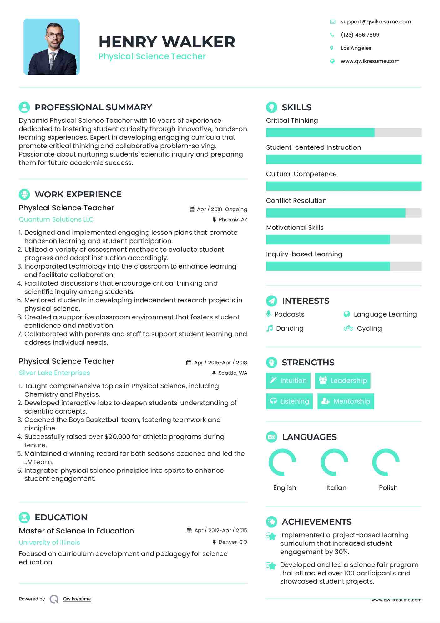 Physical Science Teacher Resume Format