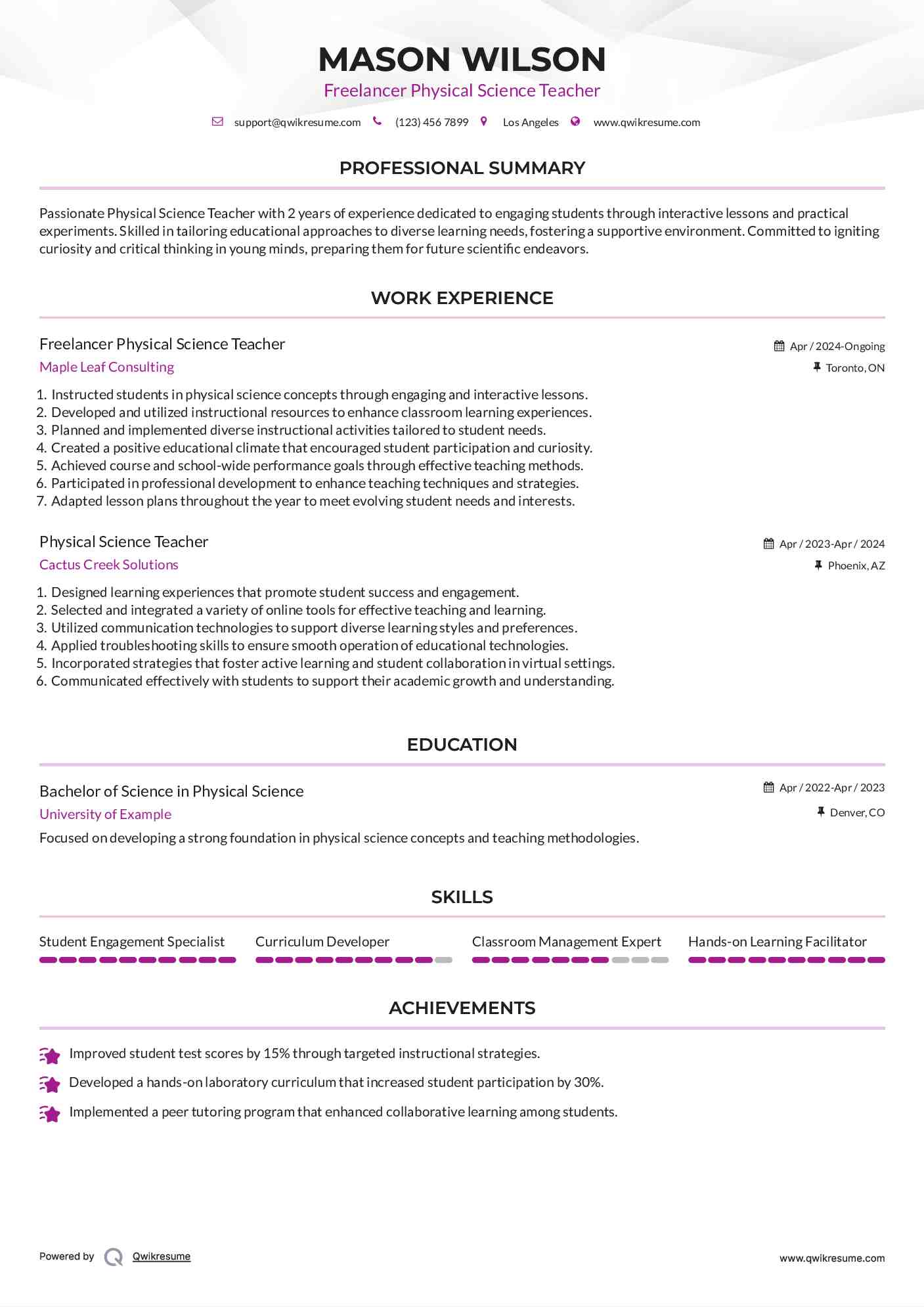 Freelancer Physical Science Teacher Resume Template