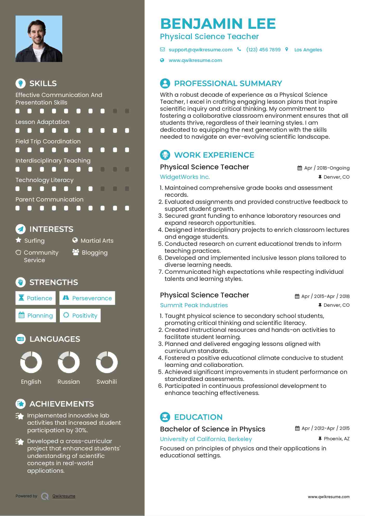 Physical Science Teacher Resume Model