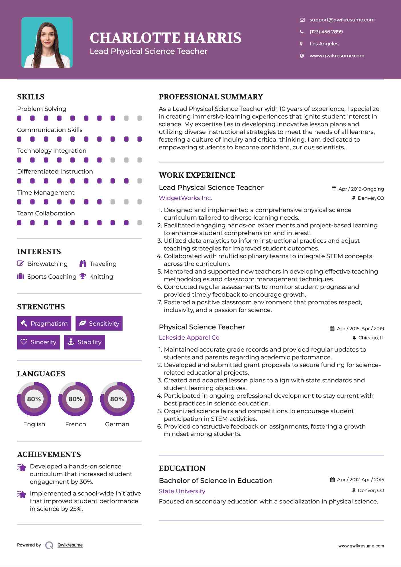 Lead Physical Science Teacher Resume Format