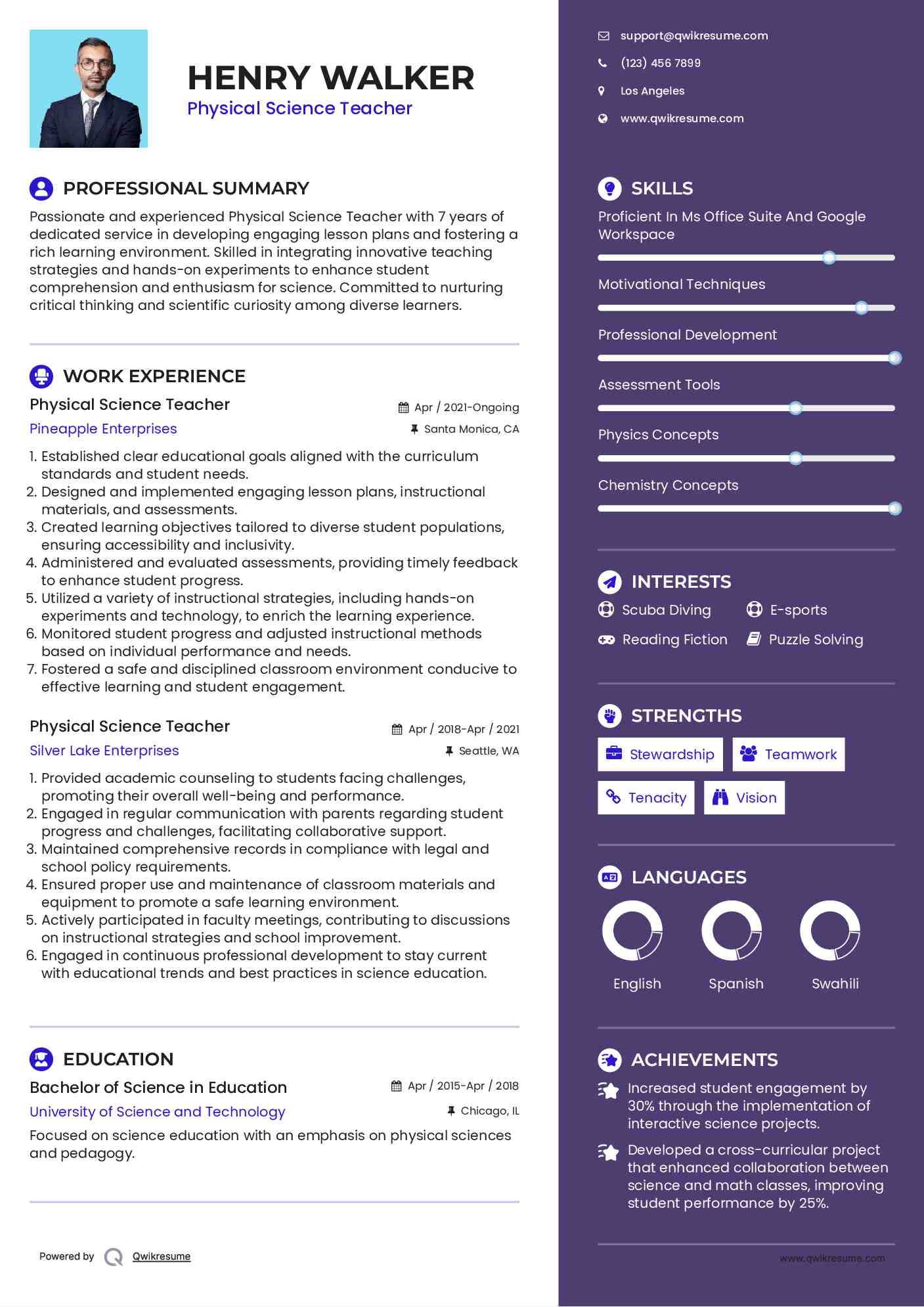 Physical Science Teacher Resume Sample