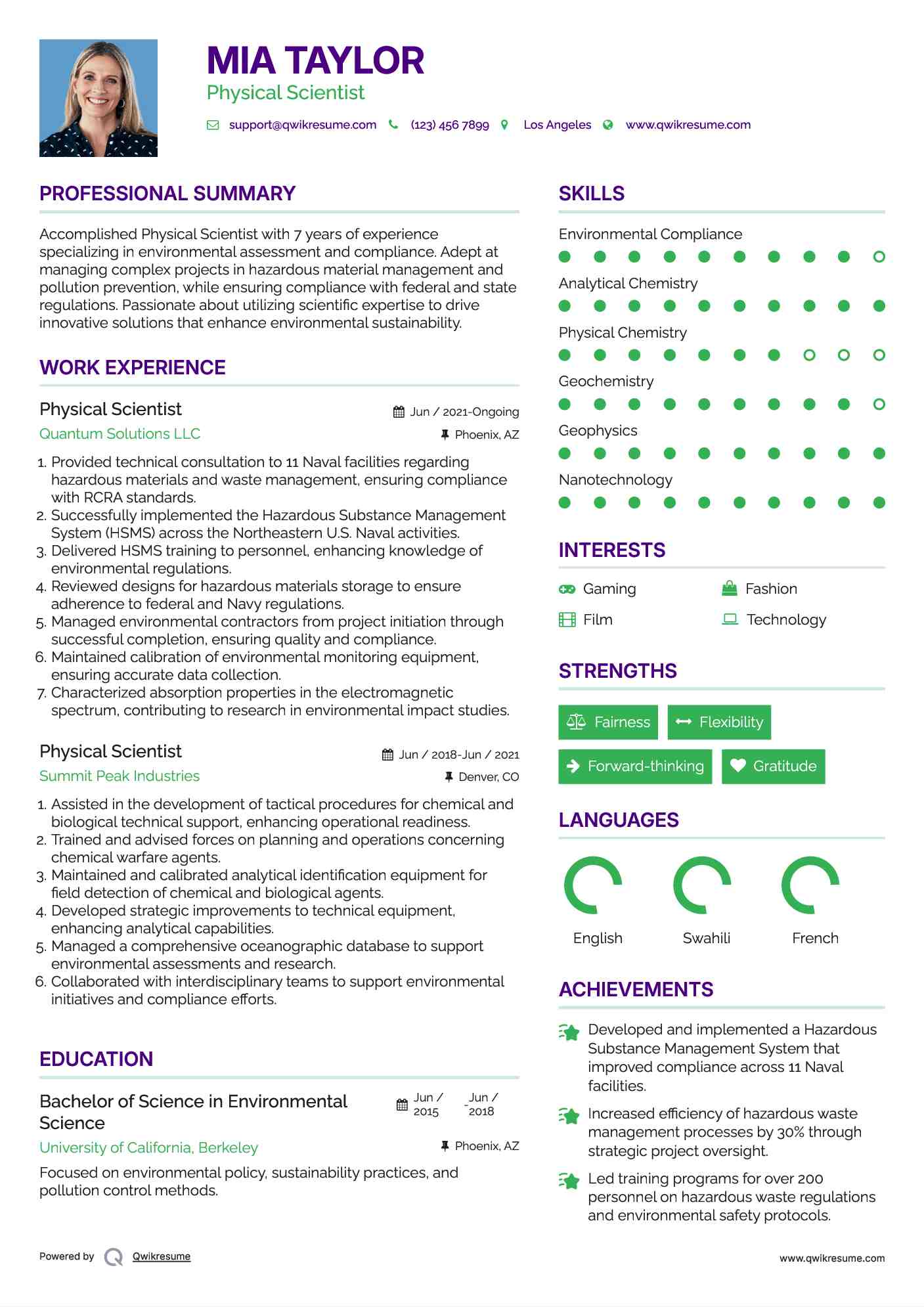 Physical Scientist Resume Example