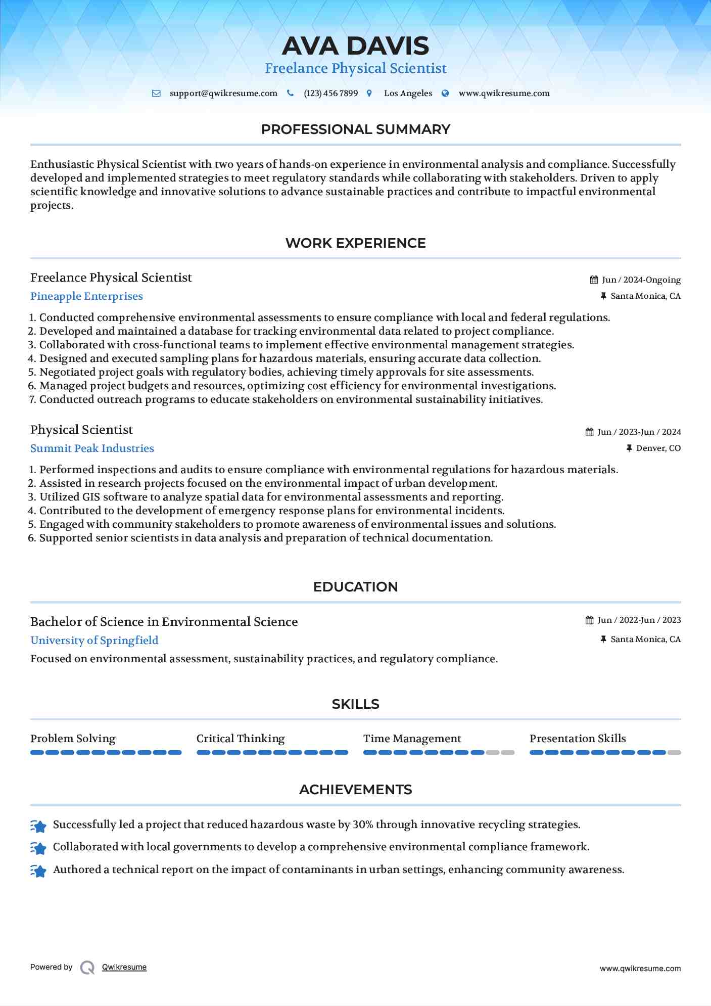 Freelance Physical Scientist Resume Sample