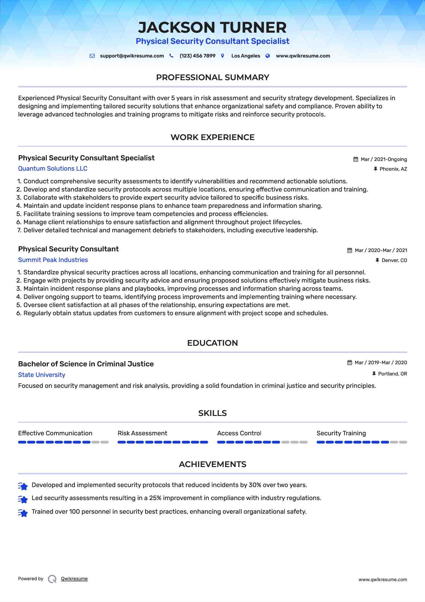 Physical Security Consultant Specialist Resume Sample