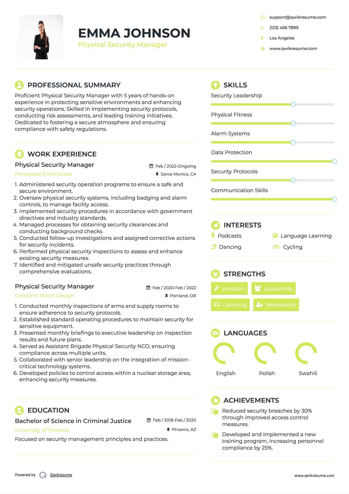 Physical Security Manager Resume Template