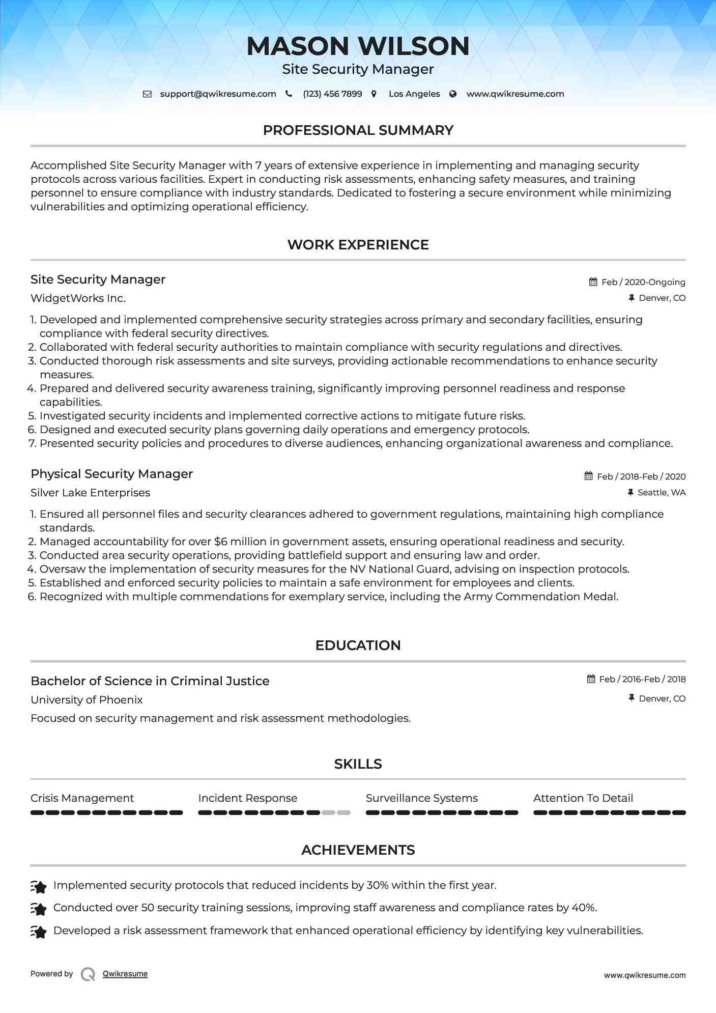 Physical Security Manager Resume Samples QwikResume