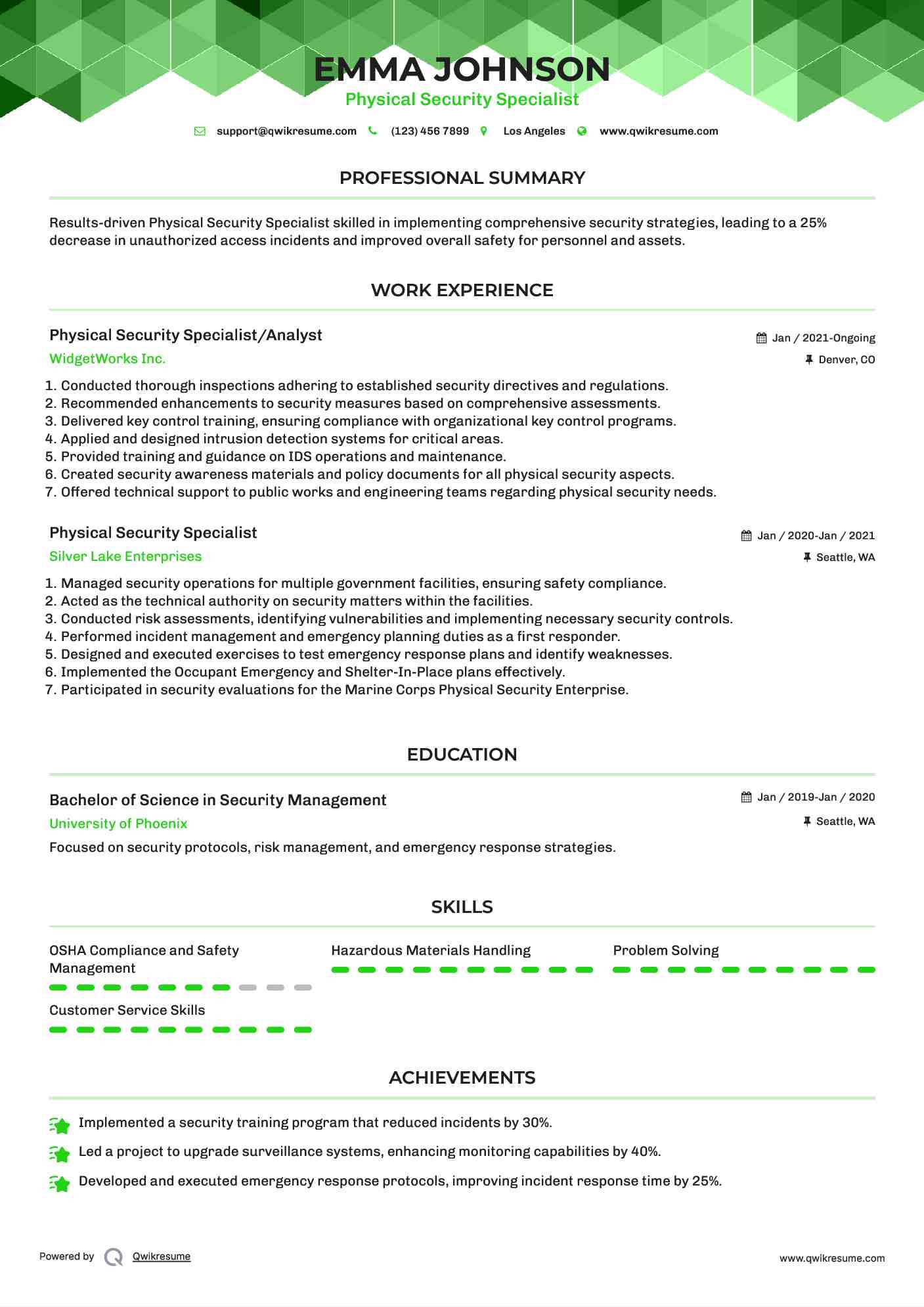 Physical Security Specialist/Analyst Resume Format