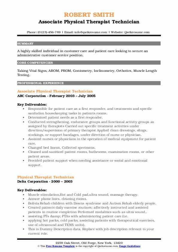 Physical Therapist Technician Resume Samples QwikResume