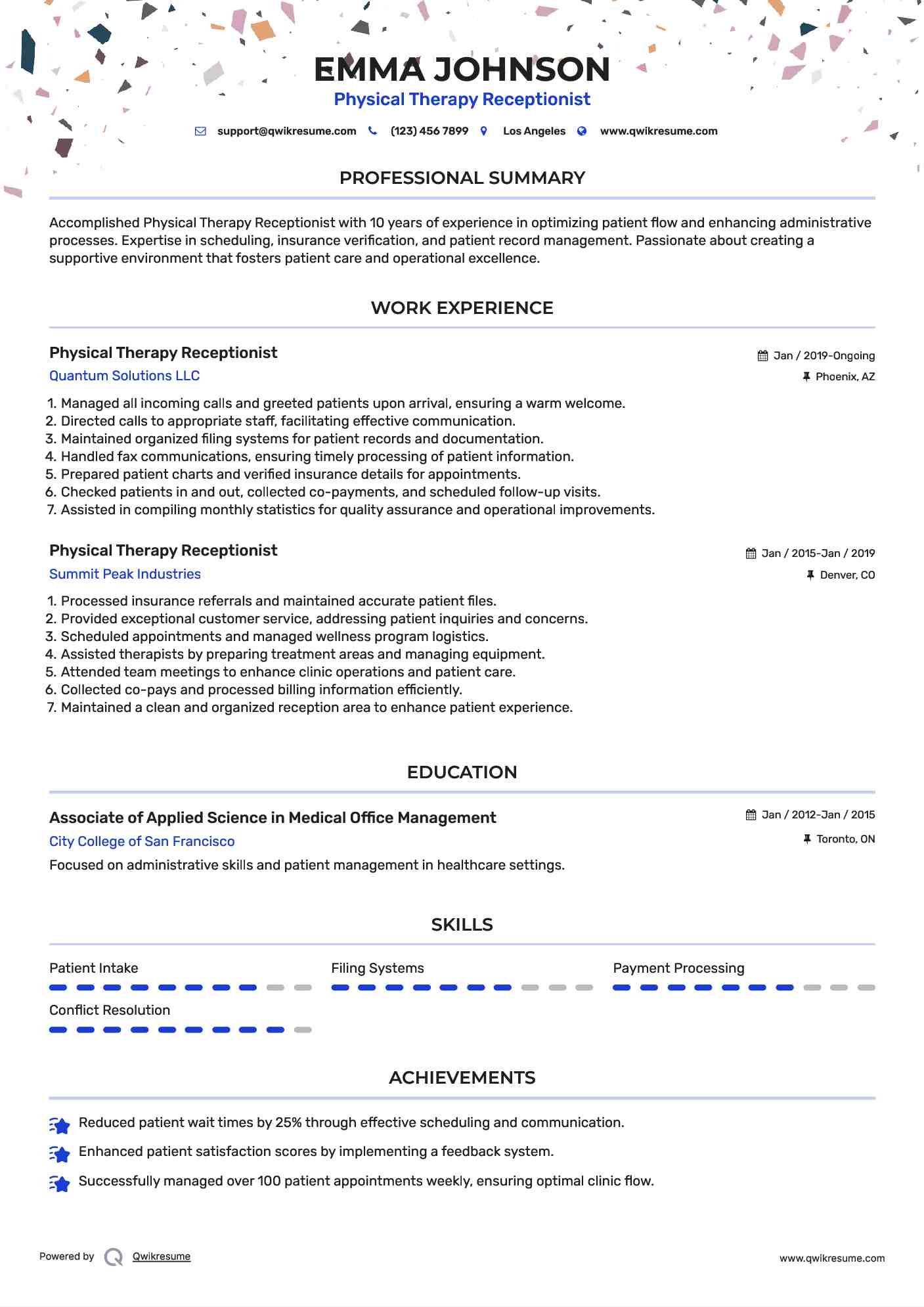 Physical Therapy Receptionist Resume Sample