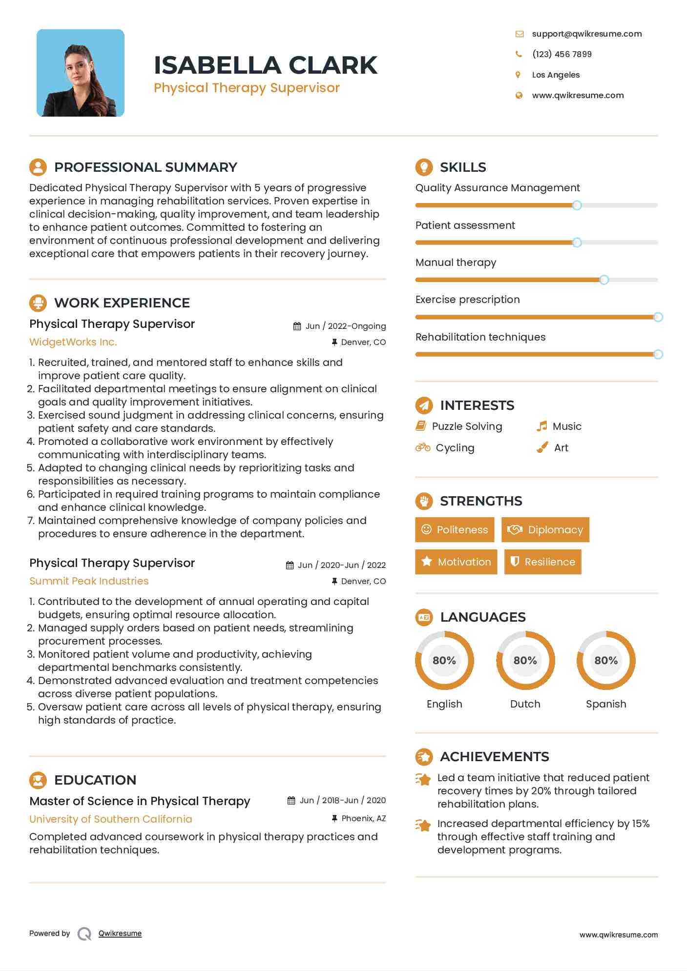 Physical Therapy Supervisor Resume Template