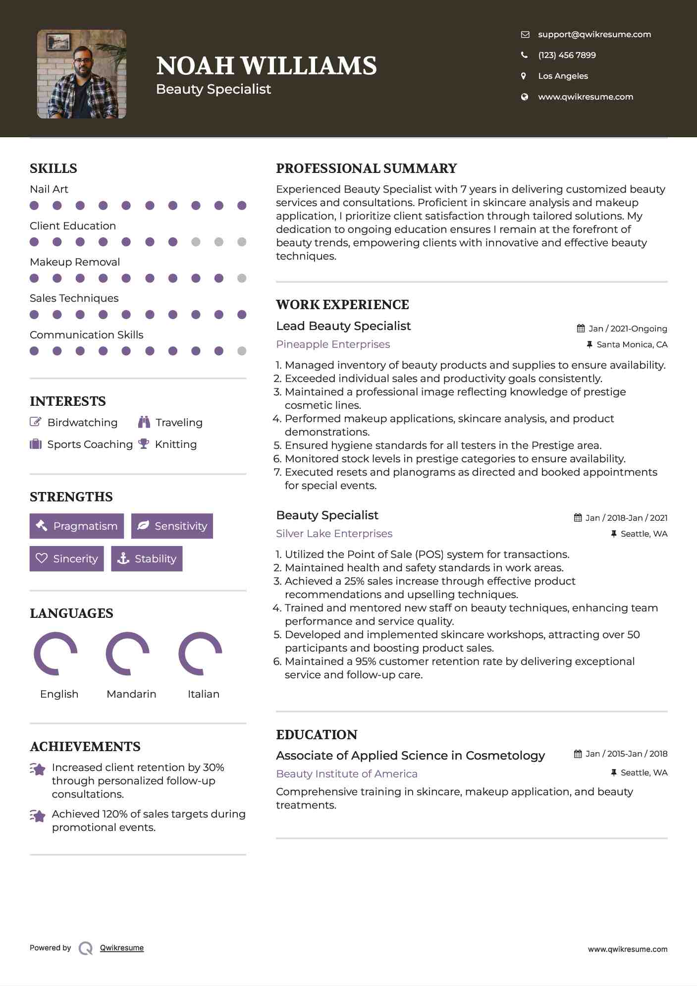 Lead Beauty Specialist Resume Sample