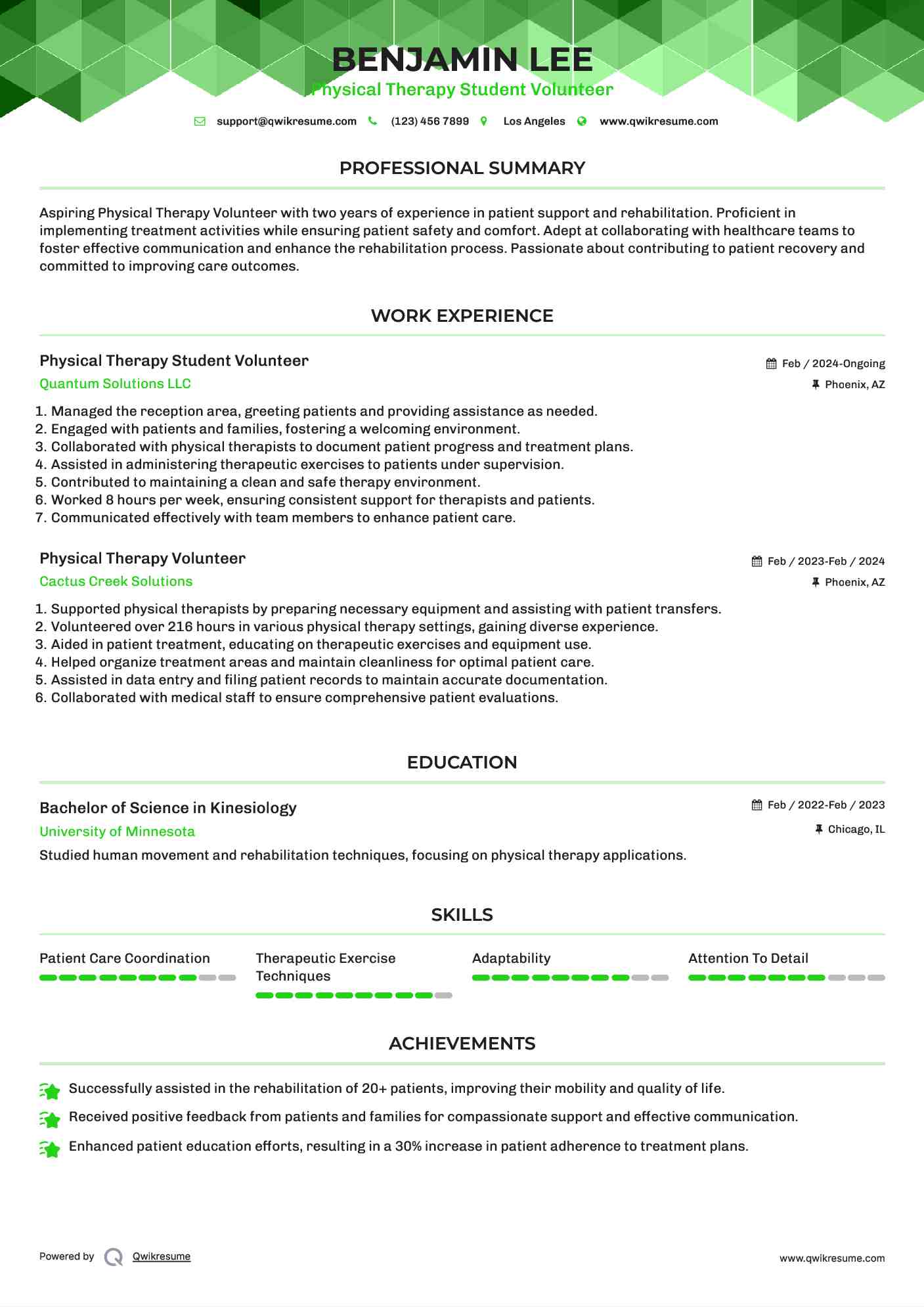 Physical Therapy Student Volunteer Resume Model